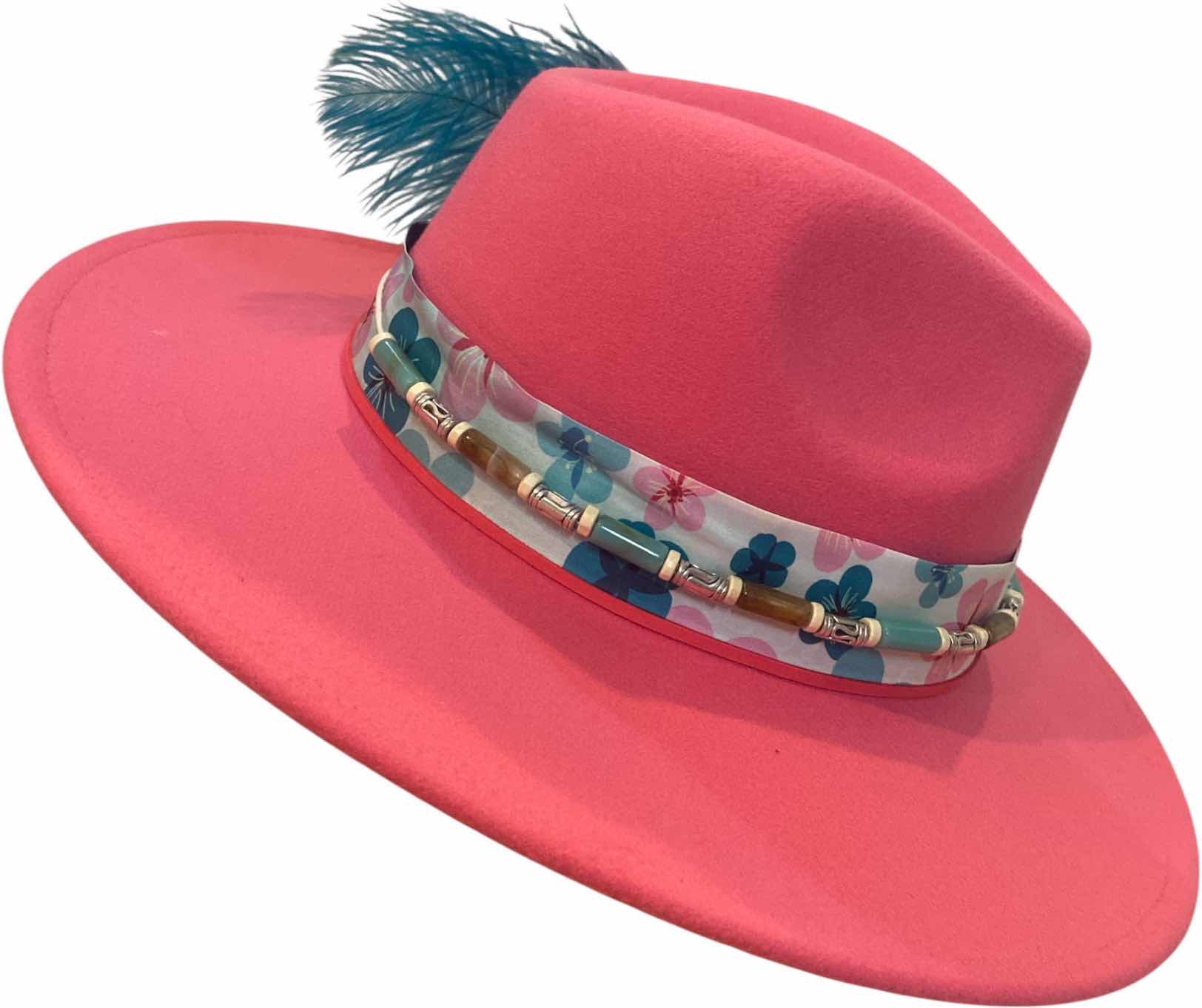 Photo 1 of NEW - CUSTOM VIVID PINK FEDORA HAT WITH REMOVABLE FEATHERS - ADJUSTABLE WITH INTERIOR RIBBON - TIE TO FIT