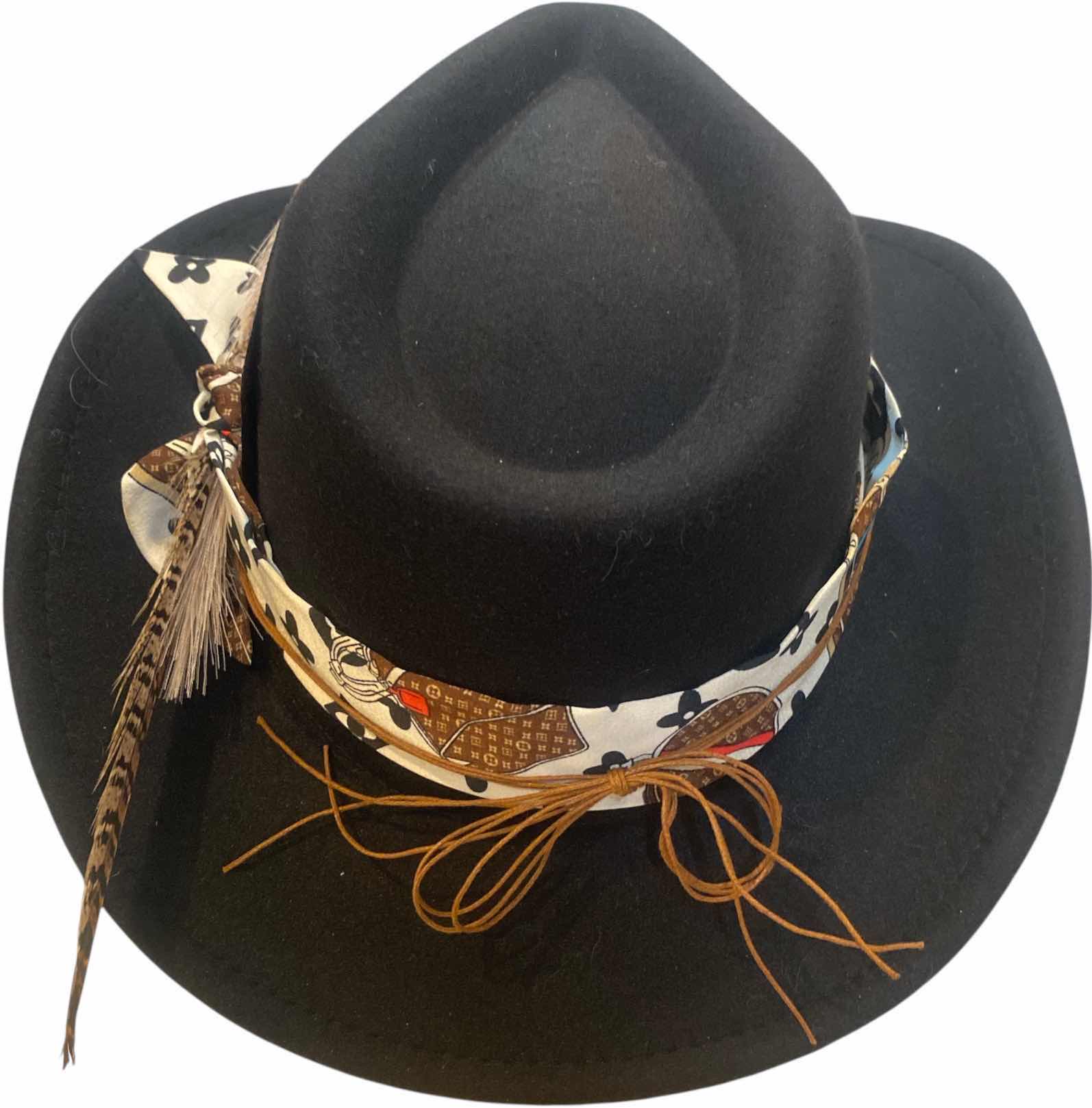 Photo 1 of NEW - CUSTOM DECORATED BLACK CASINO THEME WESTERN COWBOY HAT WITH REMOVABLE FEATHERS & LOUIS VUITTON REPLICA SCARF - ADJUSTABLE WITH INTERIOR RIBBON - TIE TO FIT