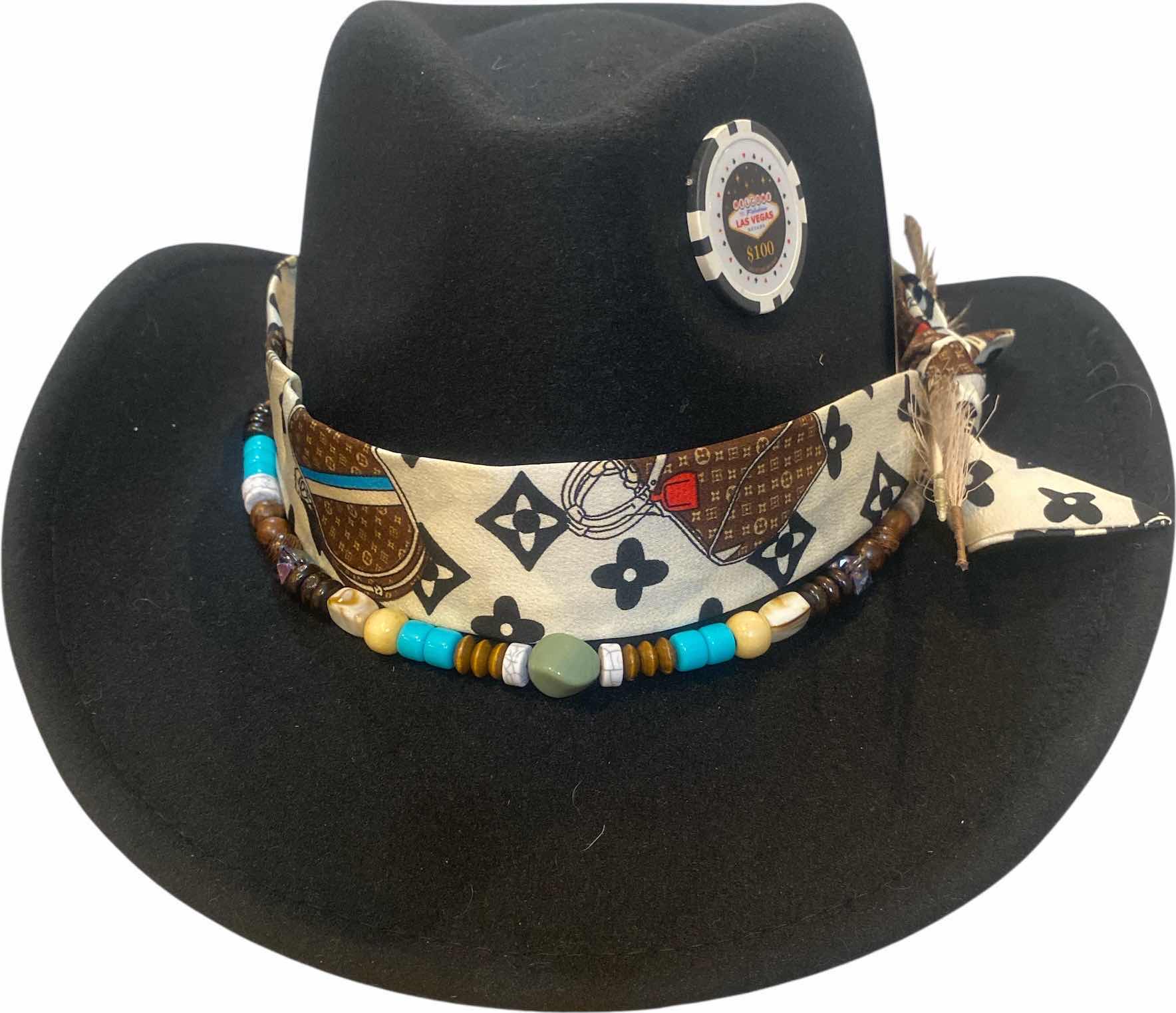 Photo 1 of NEW - CUSTOM DECORATED BLACK CASINO THEME WESTERN COWBOY HAT WITH REMOVABLE FEATHERS & LOUIS VUITTON REPLICA SCARF - ADJUSTABLE WITH INTERIOR RIBBON - TIE TO FIT