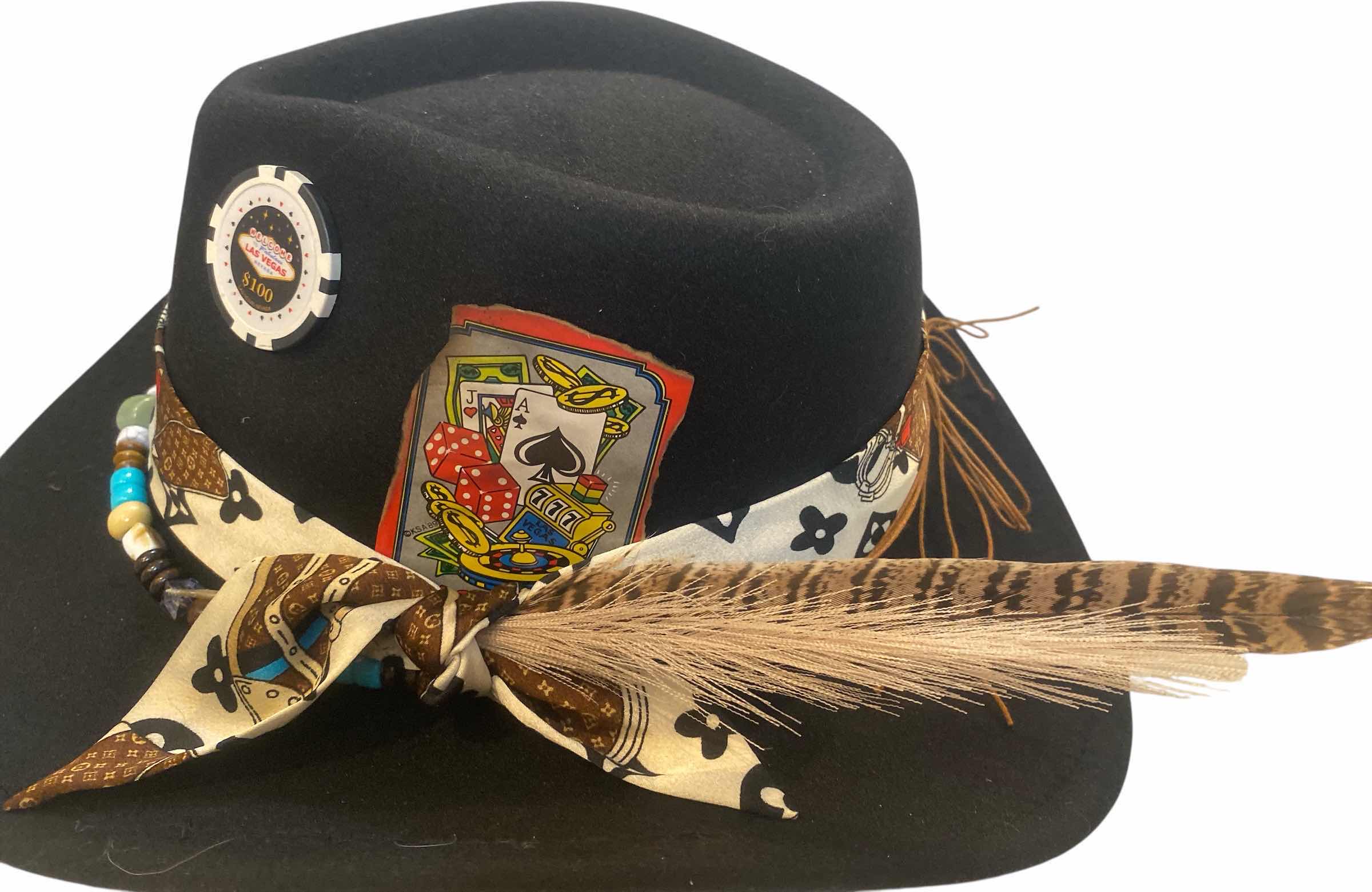 Photo 1 of NEW - CUSTOM DECORATED BLACK CASINO THEME WESTERN COWBOY HAT WITH REMOVABLE FEATHERS & LOUIS VUITTON REPLICA SCARF - ADJUSTABLE WITH INTERIOR RIBBON - TIE TO FIT