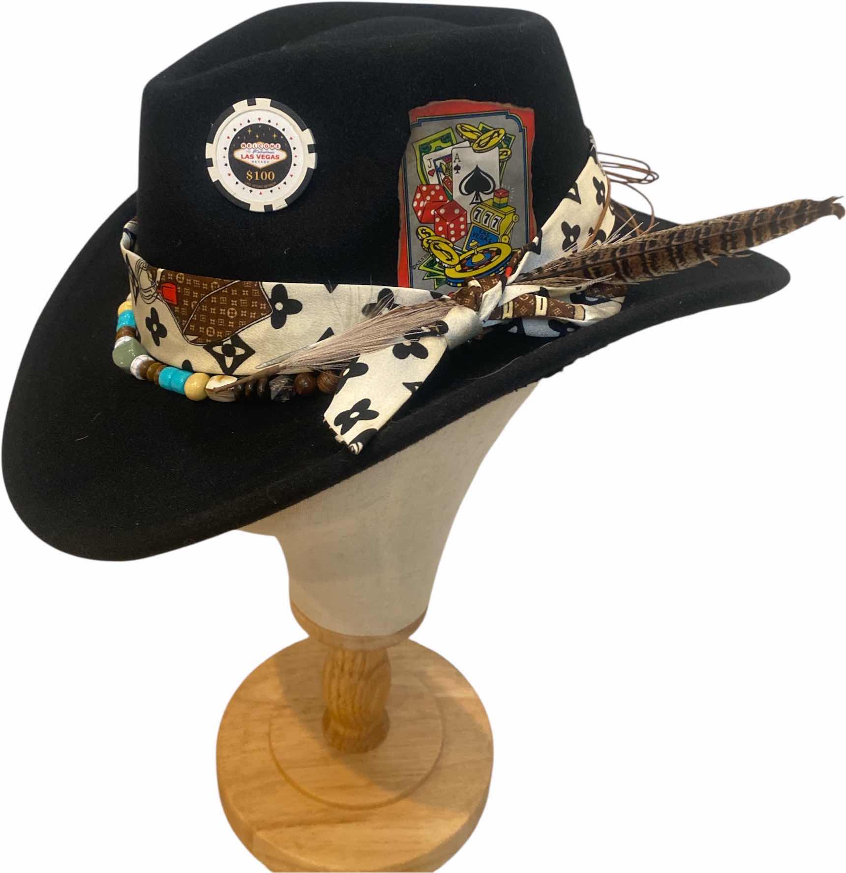 Photo 1 of NEW - CUSTOM DECORATED BLACK CASINO THEME WESTERN COWBOY HAT WITH REMOVABLE FEATHERS & LOUIS VUITTON REPLICA SCARF - ADJUSTABLE WITH INTERIOR RIBBON - TIE TO FIT