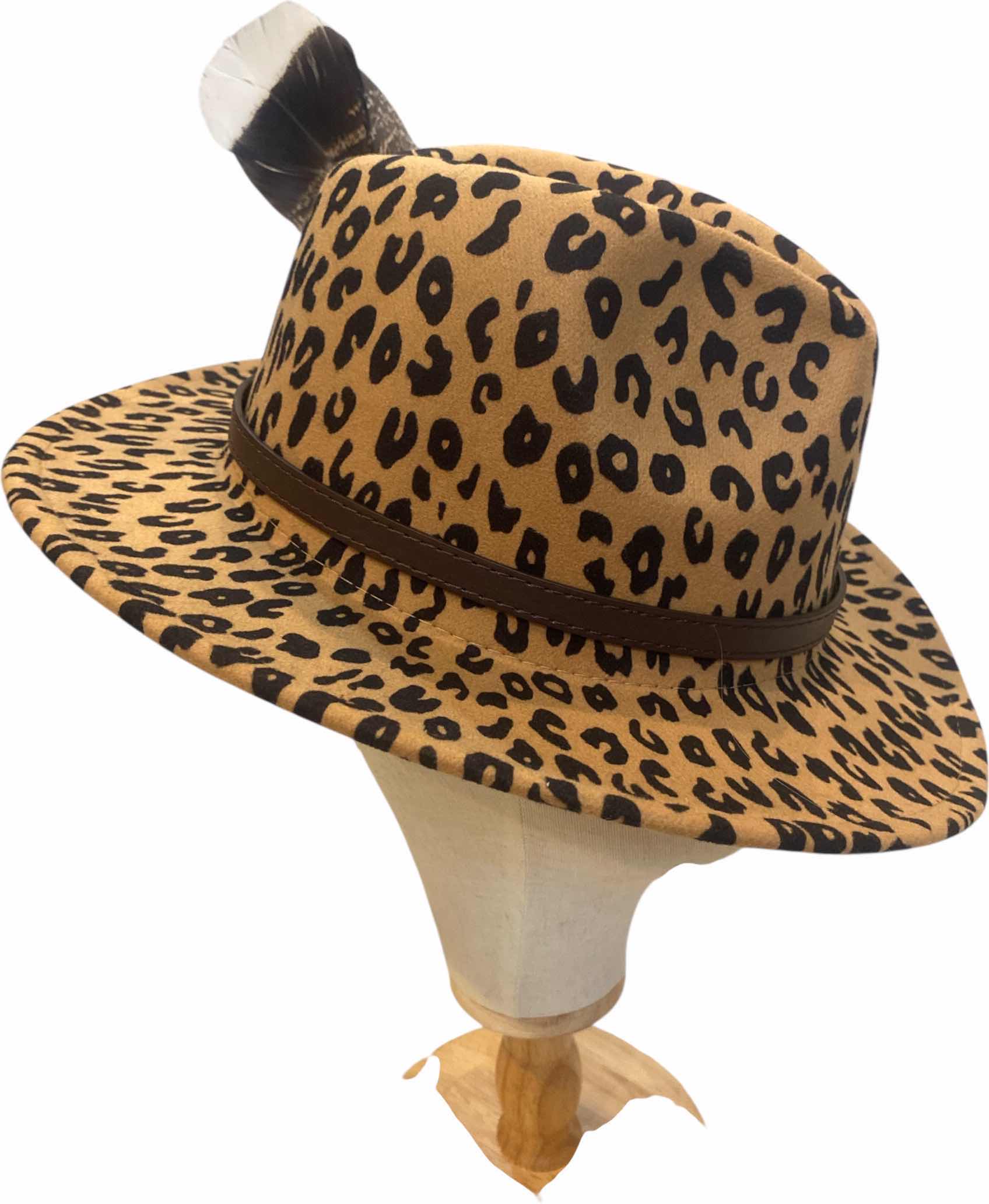 Photo 1 of NEW - CUSTOM DECORATED LEOPARD PRINT CASINO THEME SHORT BRIM FEDORA HAT WITH REMOVABLE FEATHERS & CARD - ADJUSTABLE WITH INTERIOR RIBBON - TIE TO FIT