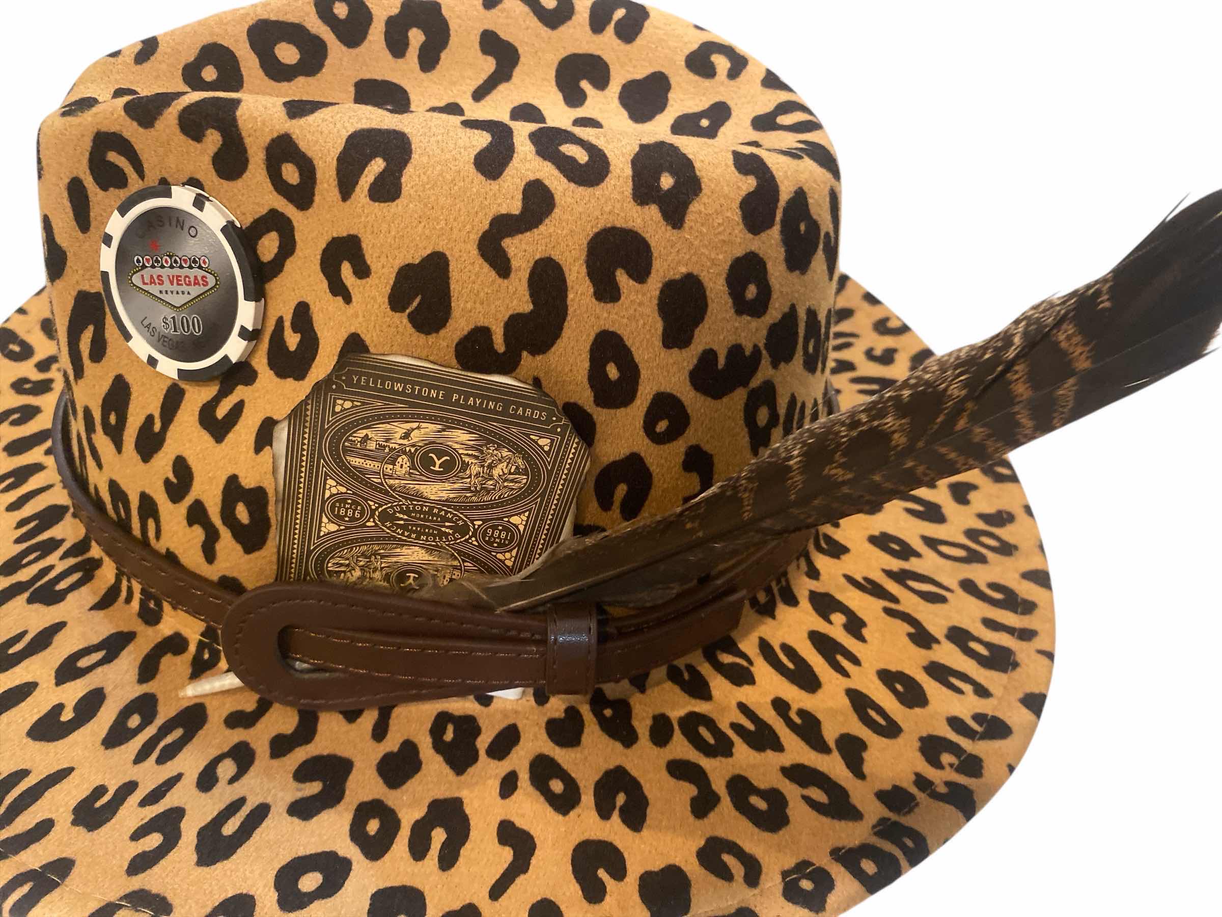 Photo 1 of NEW - CUSTOM DECORATED LEOPARD PRINT CASINO THEME SHORT BRIM FEDORA HAT WITH REMOVABLE FEATHERS & CARD - ADJUSTABLE WITH INTERIOR RIBBON - TIE TO FIT