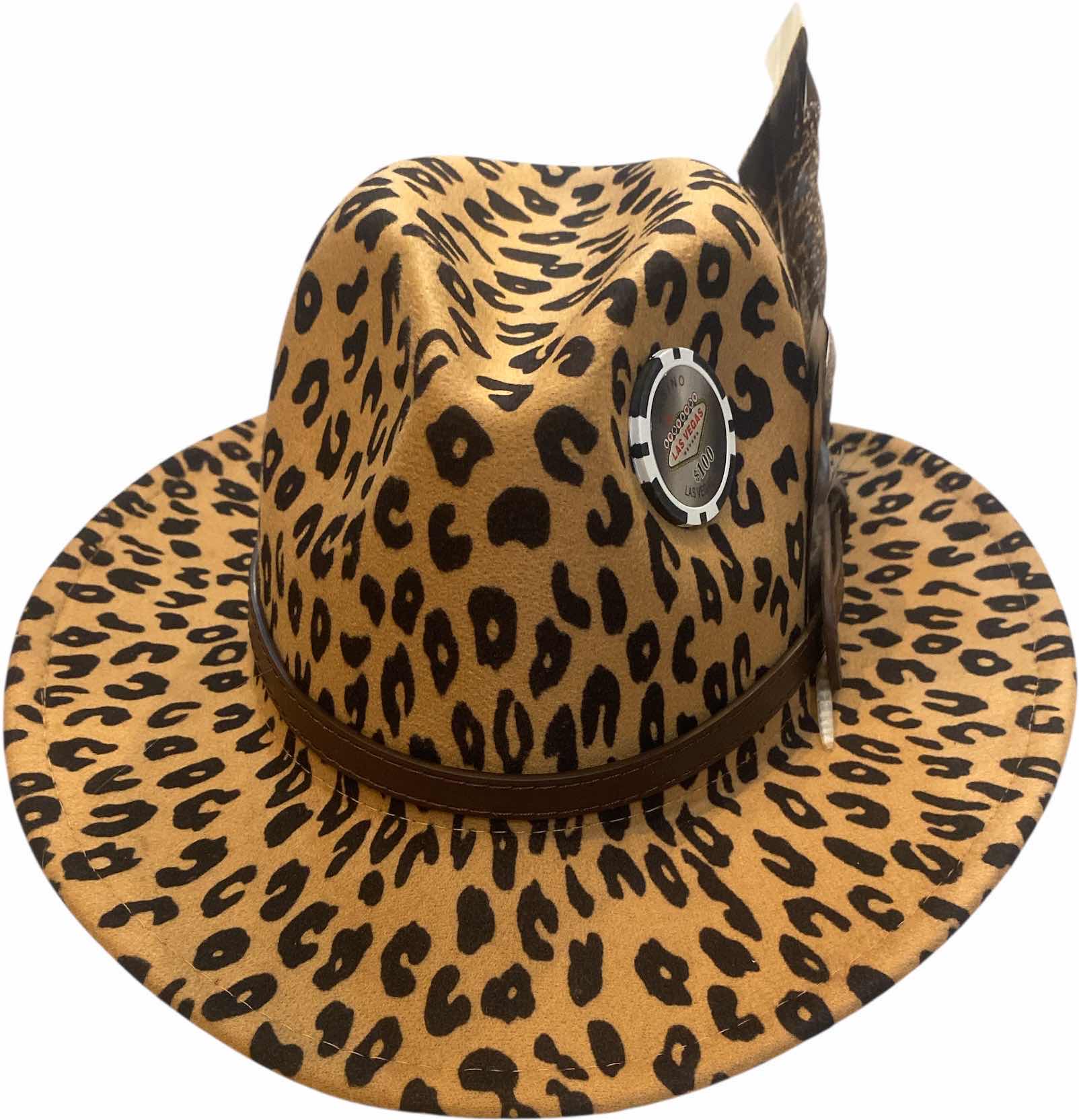 Photo 1 of NEW - CUSTOM DECORATED LEOPARD PRINT CASINO THEME SHORT BRIM FEDORA HAT WITH REMOVABLE FEATHERS & CARD - ADJUSTABLE WITH INTERIOR RIBBON - TIE TO FIT