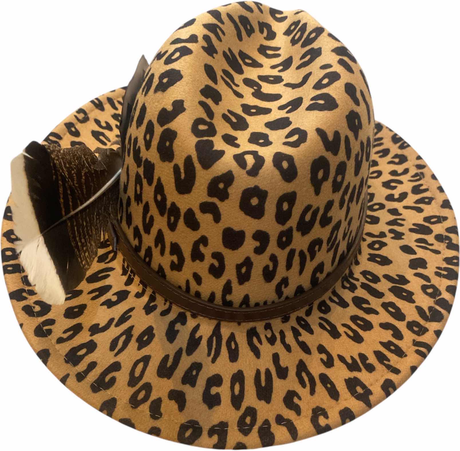 Photo 1 of NEW - CUSTOM DECORATED LEOPARD PRINT CASINO THEME SHORT BRIM FEDORA HAT WITH REMOVABLE FEATHERS & CARD - ADJUSTABLE WITH INTERIOR RIBBON - TIE TO FIT