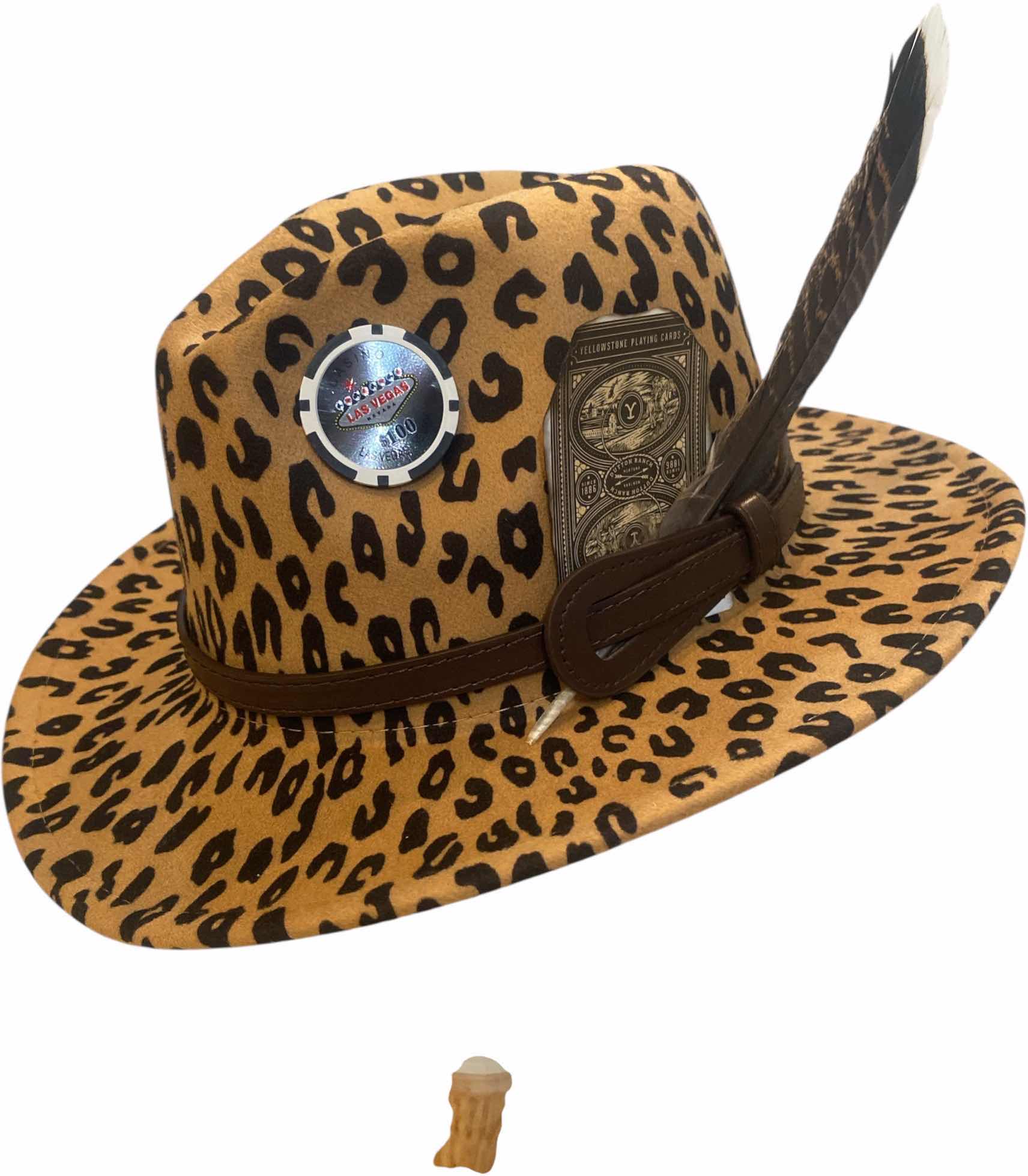 Photo 1 of NEW - CUSTOM DECORATED LEOPARD PRINT CASINO THEME SHORT BRIM FEDORA HAT WITH REMOVABLE FEATHERS & CARD - ADJUSTABLE WITH INTERIOR RIBBON - TIE TO FIT