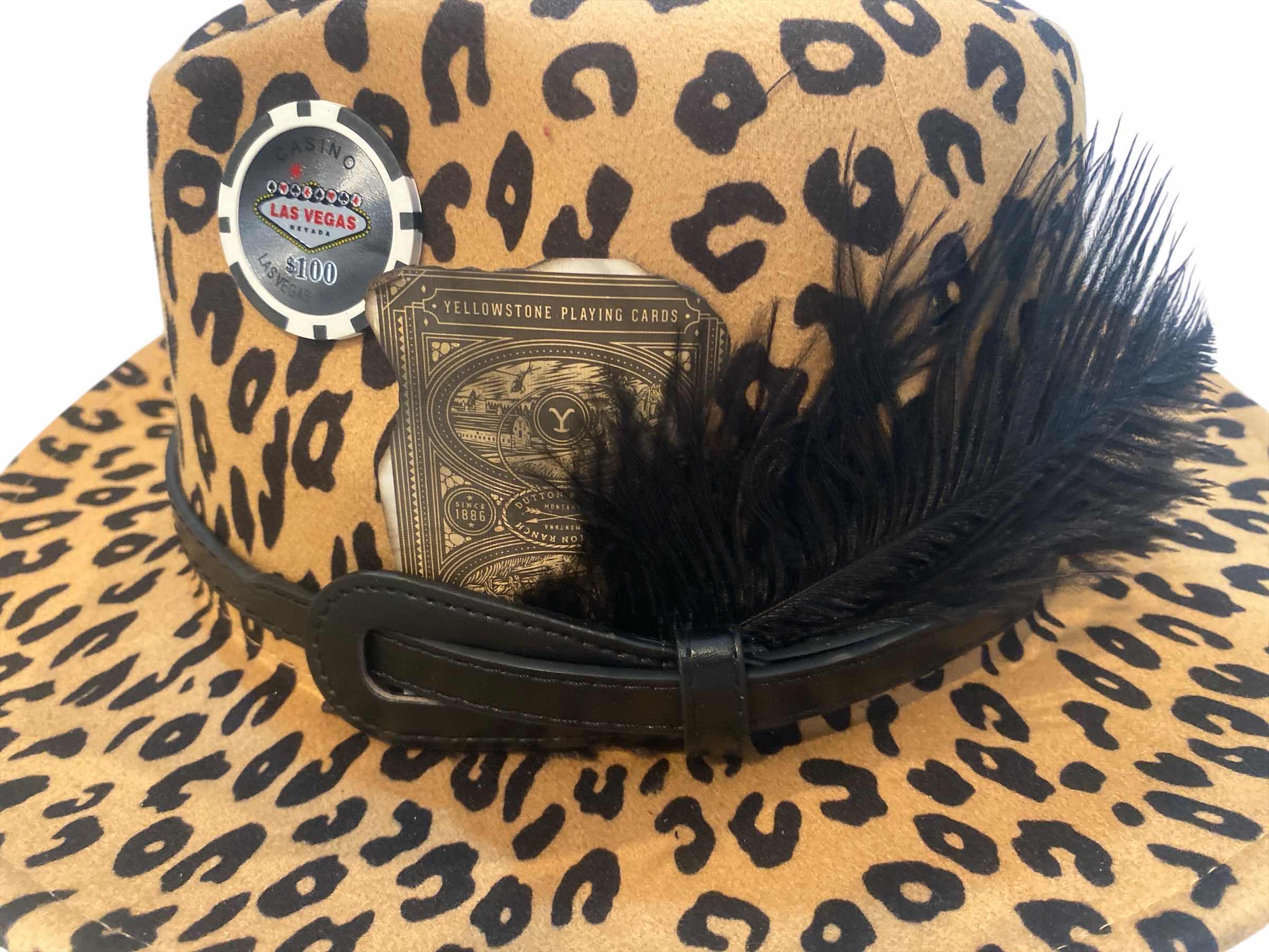Photo 1 of NEW - CUSTOM DECORATED LEOPARD PRINT CASINO THEME SHORT BRIM FEDORA HAT WITH REMOVABLE FEATHERS & CARD - ADJUSTABLE WITH INTERIOR RIBBON - TIE TO FIT