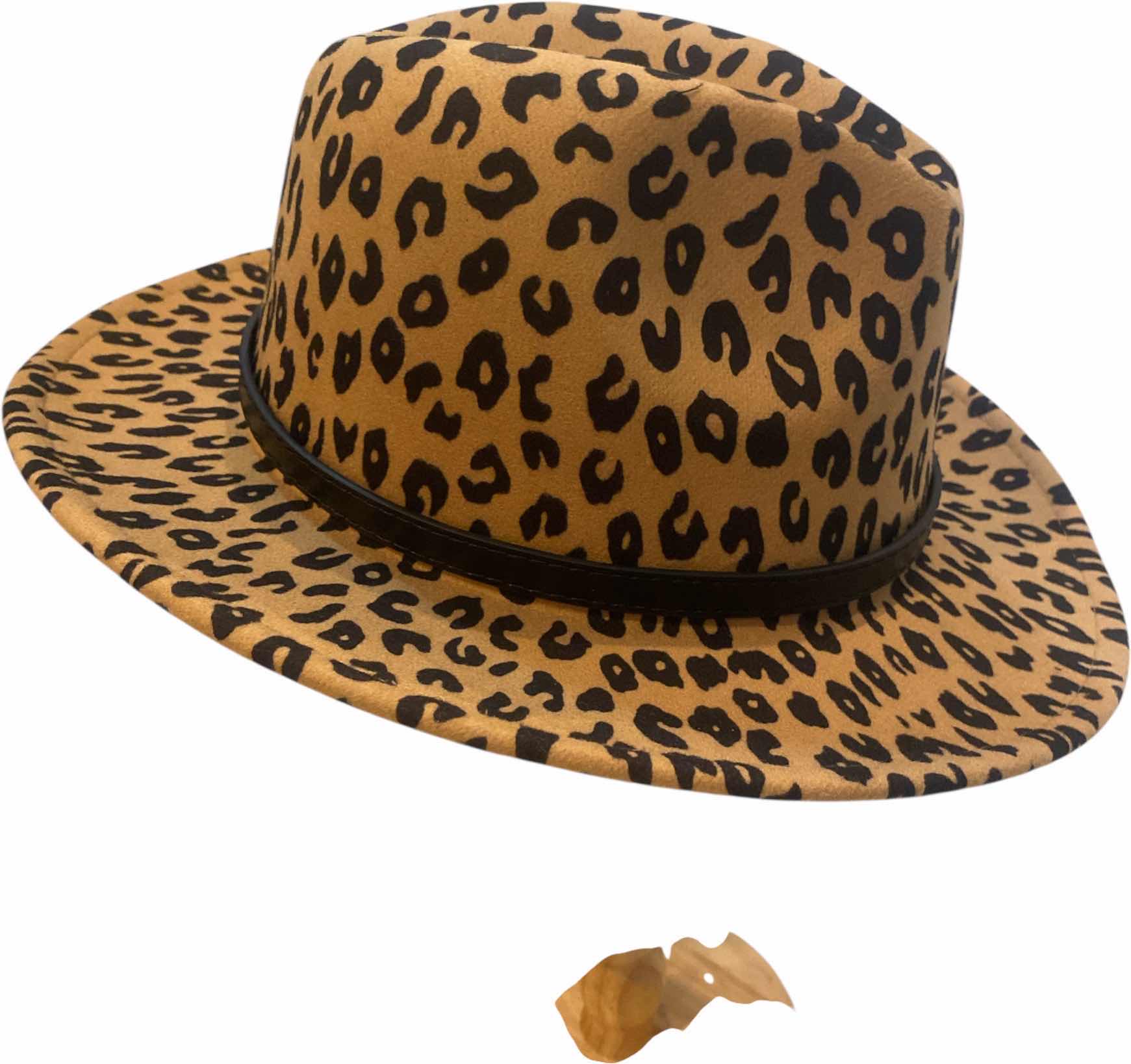 Photo 1 of NEW - CUSTOM DECORATED LEOPARD PRINT CASINO THEME SHORT BRIM FEDORA HAT WITH REMOVABLE FEATHERS & CARD - ADJUSTABLE WITH INTERIOR RIBBON - TIE TO FIT
