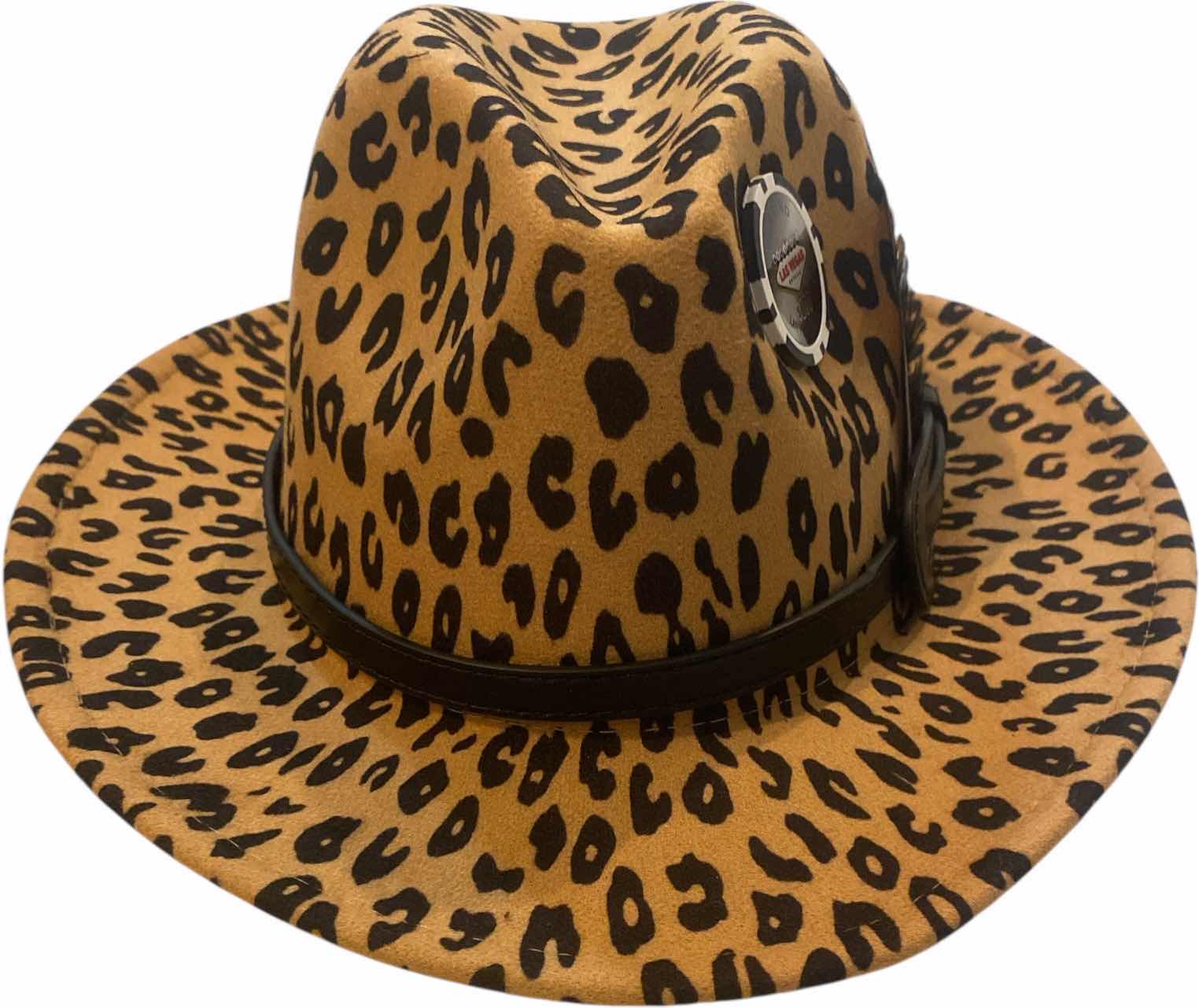 Photo 1 of NEW - CUSTOM DECORATED LEOPARD PRINT CASINO THEME SHORT BRIM FEDORA HAT WITH REMOVABLE FEATHERS & CARD - ADJUSTABLE WITH INTERIOR RIBBON - TIE TO FIT