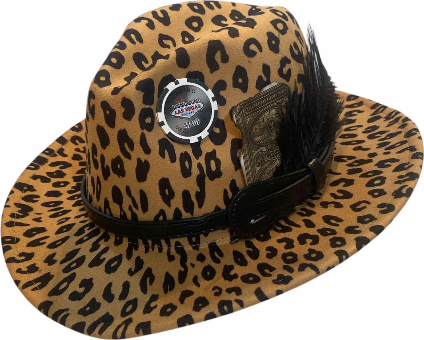 Photo 1 of NEW - CUSTOM DECORATED LEOPARD PRINT CASINO THEME SHORT BRIM FEDORA HAT WITH REMOVABLE FEATHERS & CARD - ADJUSTABLE WITH INTERIOR RIBBON - TIE TO FIT