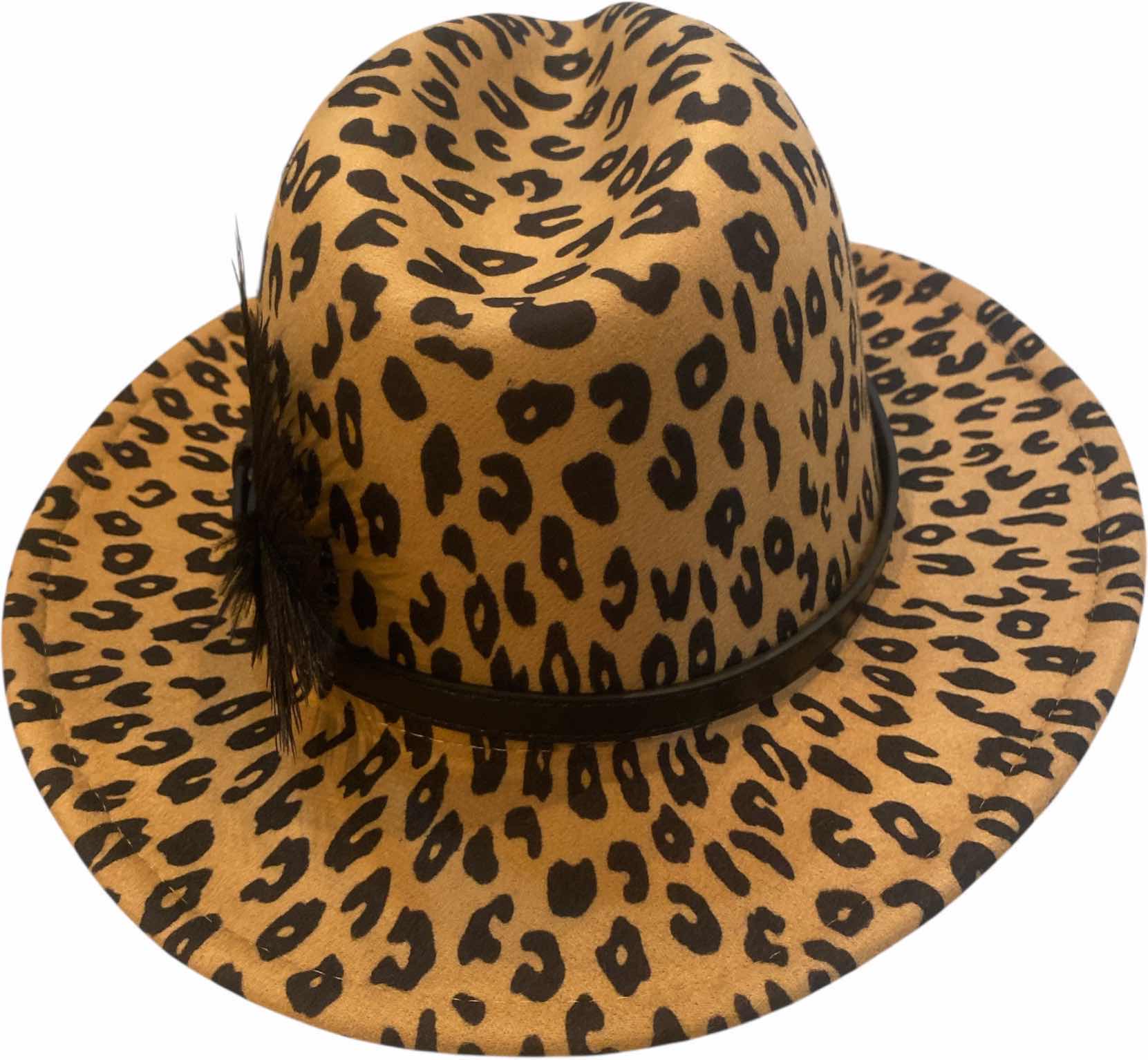 Photo 1 of NEW - CUSTOM DECORATED LEOPARD PRINT CASINO THEME SHORT BRIM FEDORA HAT WITH REMOVABLE FEATHERS & CARD - ADJUSTABLE WITH INTERIOR RIBBON - TIE TO FIT