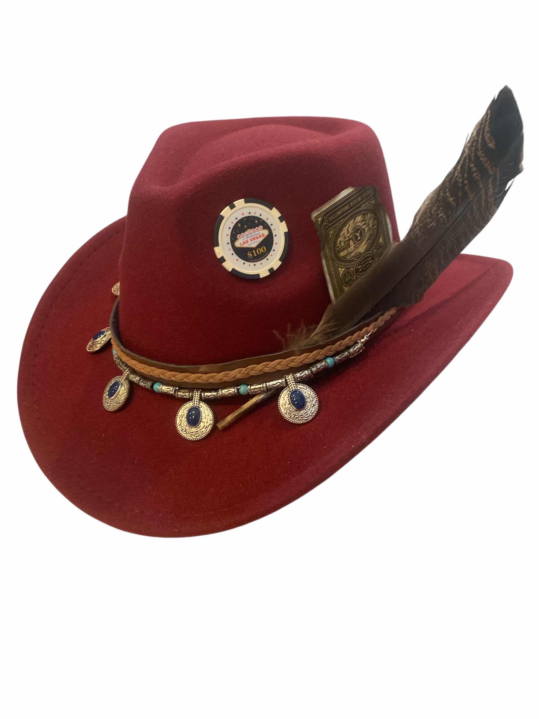 Photo 1 of NEW - CUSTOM DECORATED CABARNET CASINO THEME WESTERN COWBOY HAT WITH REMOVABLE FEATHERS & CARD - ADJUSTABLE WITH INTERIOR RIBBON - TIE TO FIT