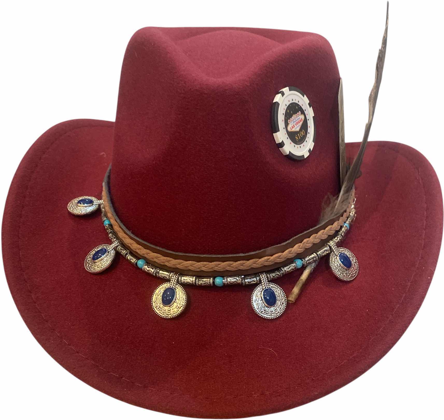 Photo 1 of NEW - CUSTOM DECORATED CABARNET CASINO THEME WESTERN COWBOY HAT WITH REMOVABLE FEATHERS & CARD - ADJUSTABLE WITH INTERIOR RIBBON - TIE TO FIT