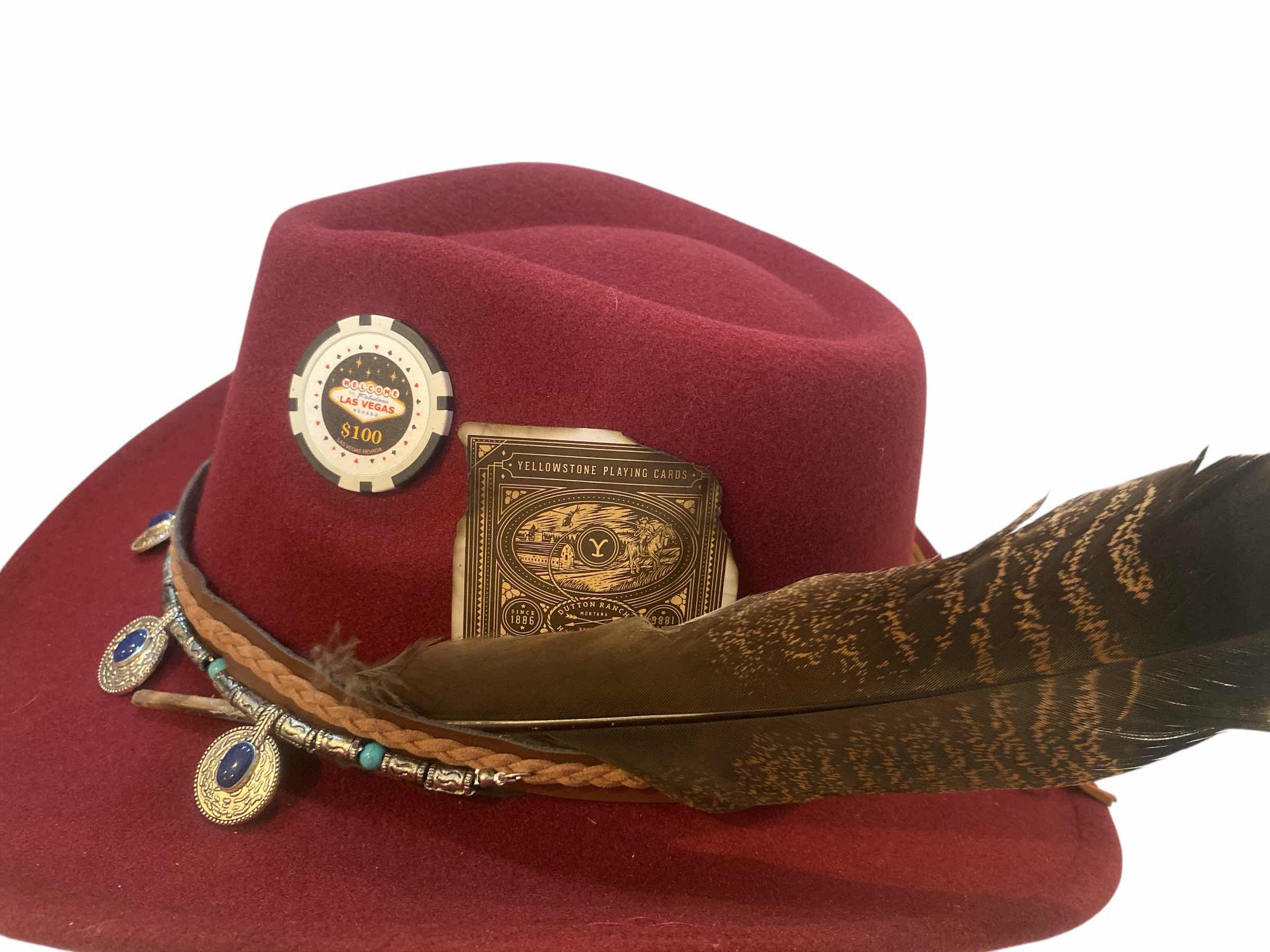 Photo 1 of NEW - CUSTOM DECORATED CABARNET CASINO THEME WESTERN COWBOY HAT WITH REMOVABLE FEATHERS & CARD - ADJUSTABLE WITH INTERIOR RIBBON - TIE TO FIT