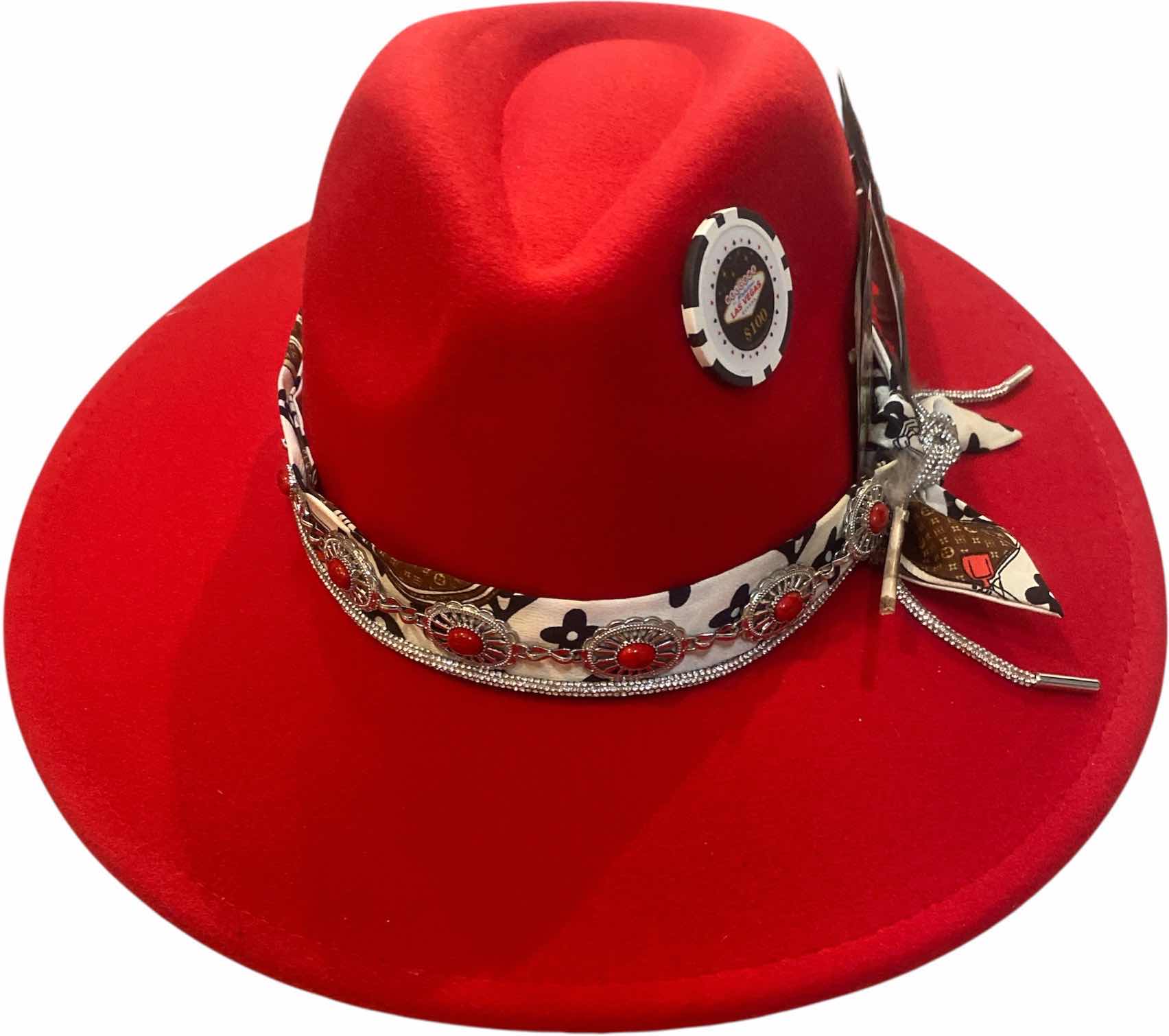 Photo 1 of NEW - CUSTOM DECORATED SCARLET RED CASINO THEME FEDORA HAT WITH LOUIS VUITTON REPLICA SCARF REMOVABLE CARD & FEATHERS - ADJUSTABLE WITH INTERIOR RIBBON - TIE TO FIT