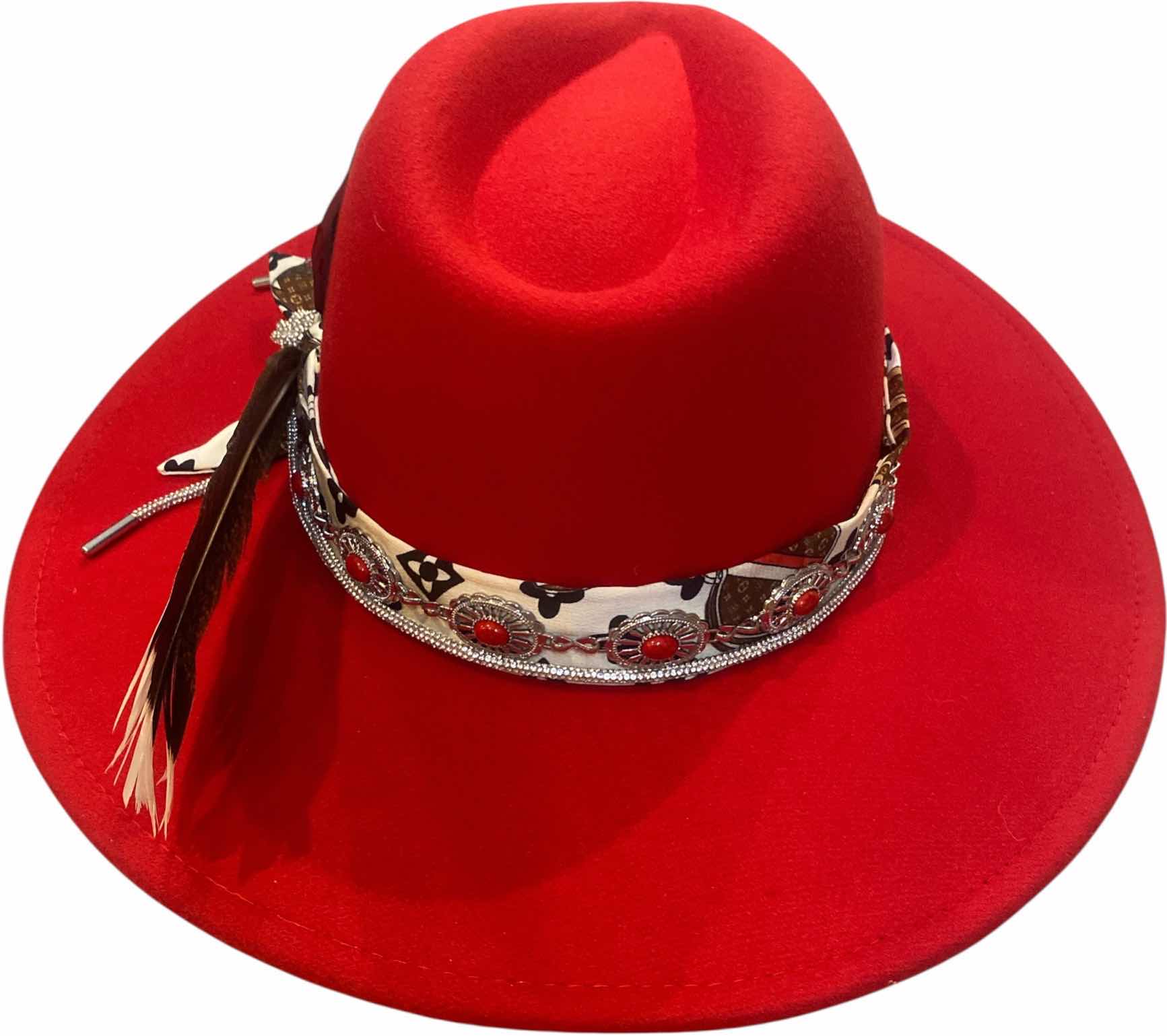 Photo 1 of NEW - CUSTOM DECORATED SCARLET RED CASINO THEME FEDORA HAT WITH LOUIS VUITTON REPLICA SCARF REMOVABLE CARD & FEATHERS - ADJUSTABLE WITH INTERIOR RIBBON - TIE TO FIT