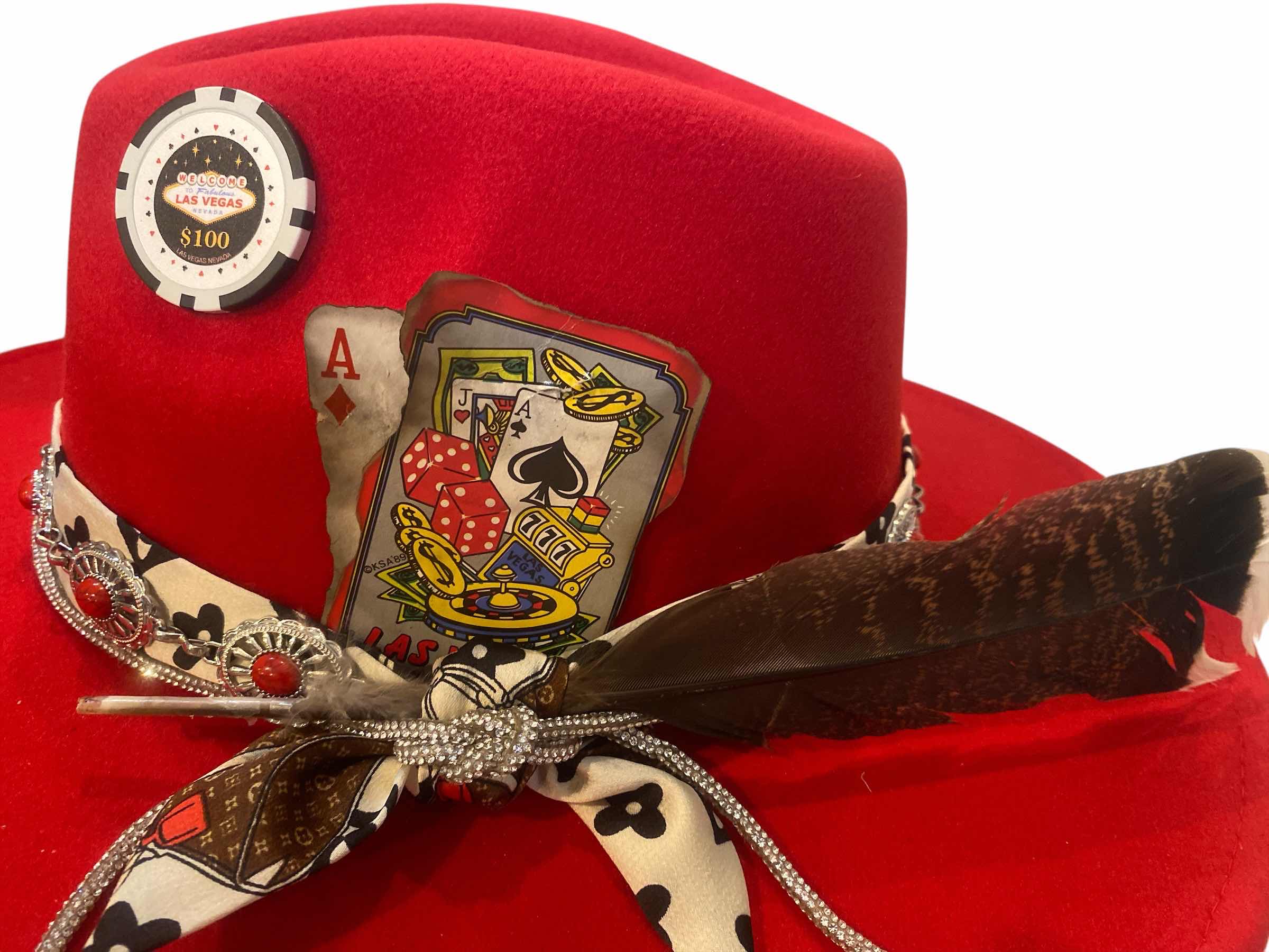Photo 1 of NEW - CUSTOM DECORATED SCARLET RED CASINO THEME FEDORA HAT WITH LOUIS VUITTON REPLICA SCARF REMOVABLE CARD & FEATHERS - ADJUSTABLE WITH INTERIOR RIBBON - TIE TO FIT