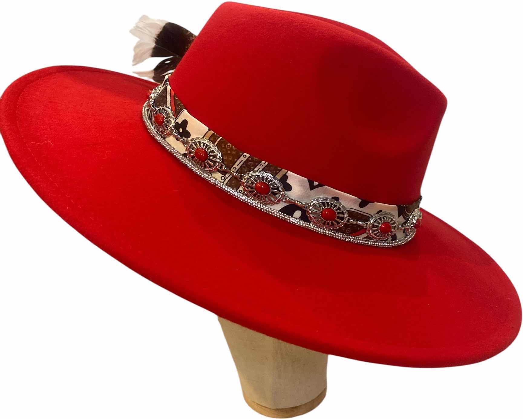 Photo 1 of NEW - CUSTOM DECORATED SCARLET RED CASINO THEME FEDORA HAT WITH LOUIS VUITTON REPLICA SCARF REMOVABLE CARD & FEATHERS - ADJUSTABLE WITH INTERIOR RIBBON - TIE TO FIT