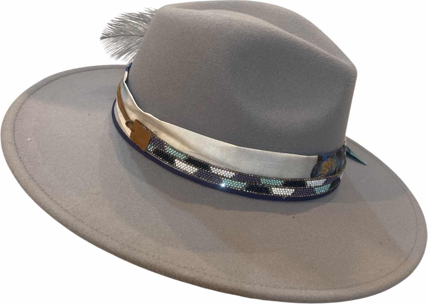 Photo 1 of NEW - CUSTOM DECORATED SOFT GRAY CASINO THEME FEDORA HAT WITH REMOVABLE FEATHER - ADJUSTABLE WITH INTERIOR RIBBON - TIE TO FIT