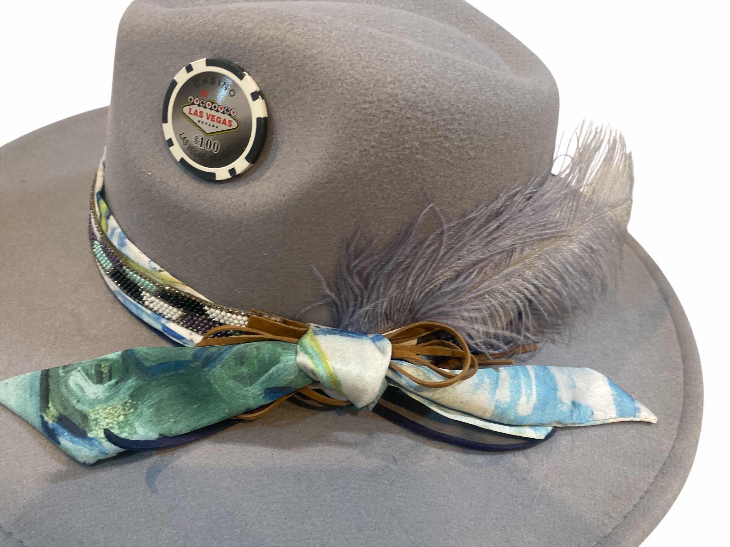 Photo 1 of NEW - CUSTOM DECORATED SOFT GRAY CASINO THEME FEDORA HAT WITH REMOVABLE FEATHER - ADJUSTABLE WITH INTERIOR RIBBON - TIE TO FIT