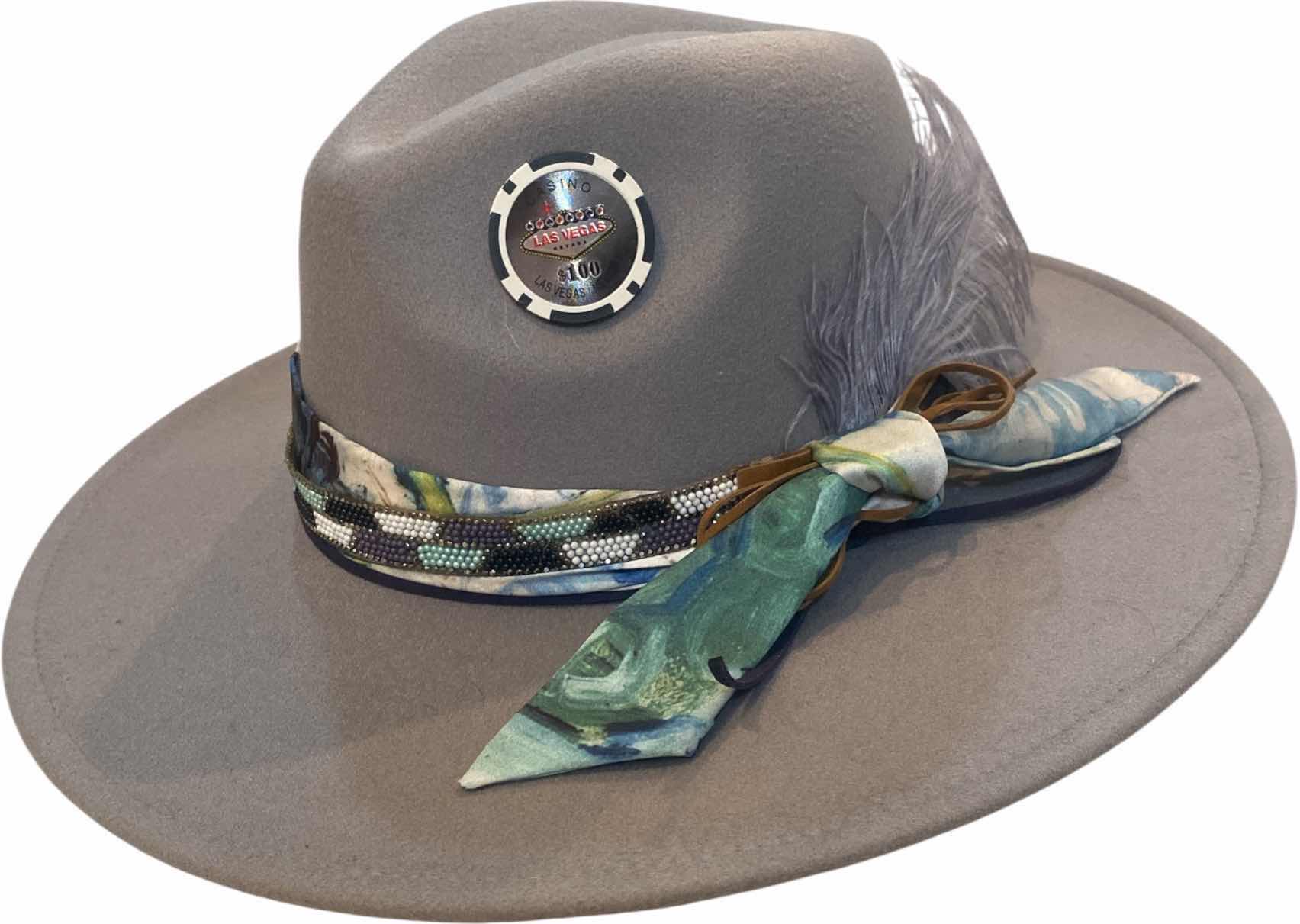 Photo 1 of NEW - CUSTOM DECORATED SOFT GRAY CASINO THEME FEDORA HAT WITH REMOVABLE FEATHER - ADJUSTABLE WITH INTERIOR RIBBON - TIE TO FIT