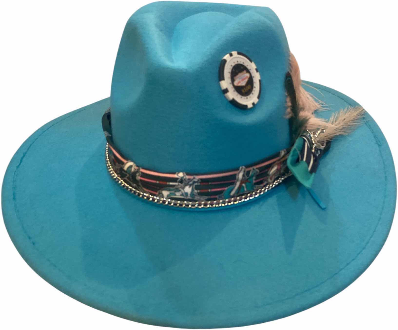 Photo 1 of NEW - CUSTOM DECORATED LAKE BLUE CASINO THEME FEDORA HAT WITH REMOVABLE FEATHERS- ADJUSTABLE WITH INTERIOR RIBBON - TIE TO FIT