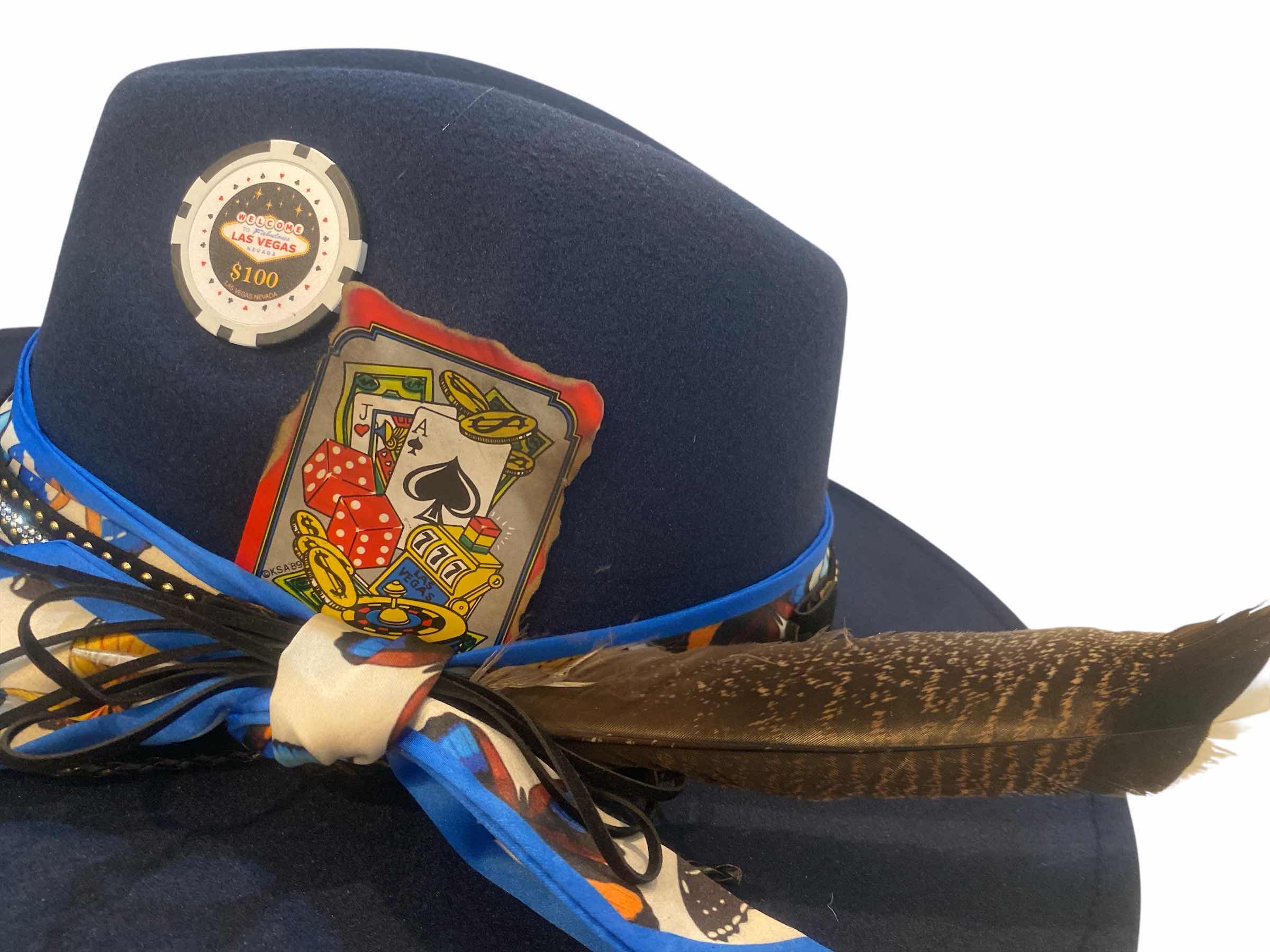 Photo 1 of NEW - CUSTOM DECORATED NAVY BLUE CASINO THEME FEDORA HAT WITH REMOVABLE CARD & FEATHER - ADJUSTABLE WITH INTERIOR RIBBON - TIE TO FIT