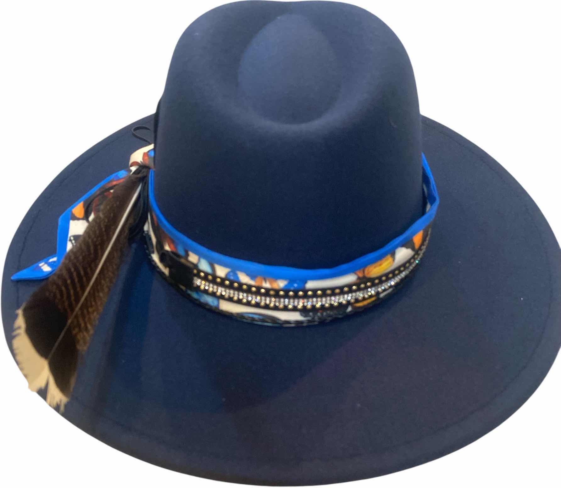 Photo 1 of NEW - CUSTOM DECORATED NAVY BLUE CASINO THEME FEDORA HAT WITH REMOVABLE CARD & FEATHER - ADJUSTABLE WITH INTERIOR RIBBON - TIE TO FIT