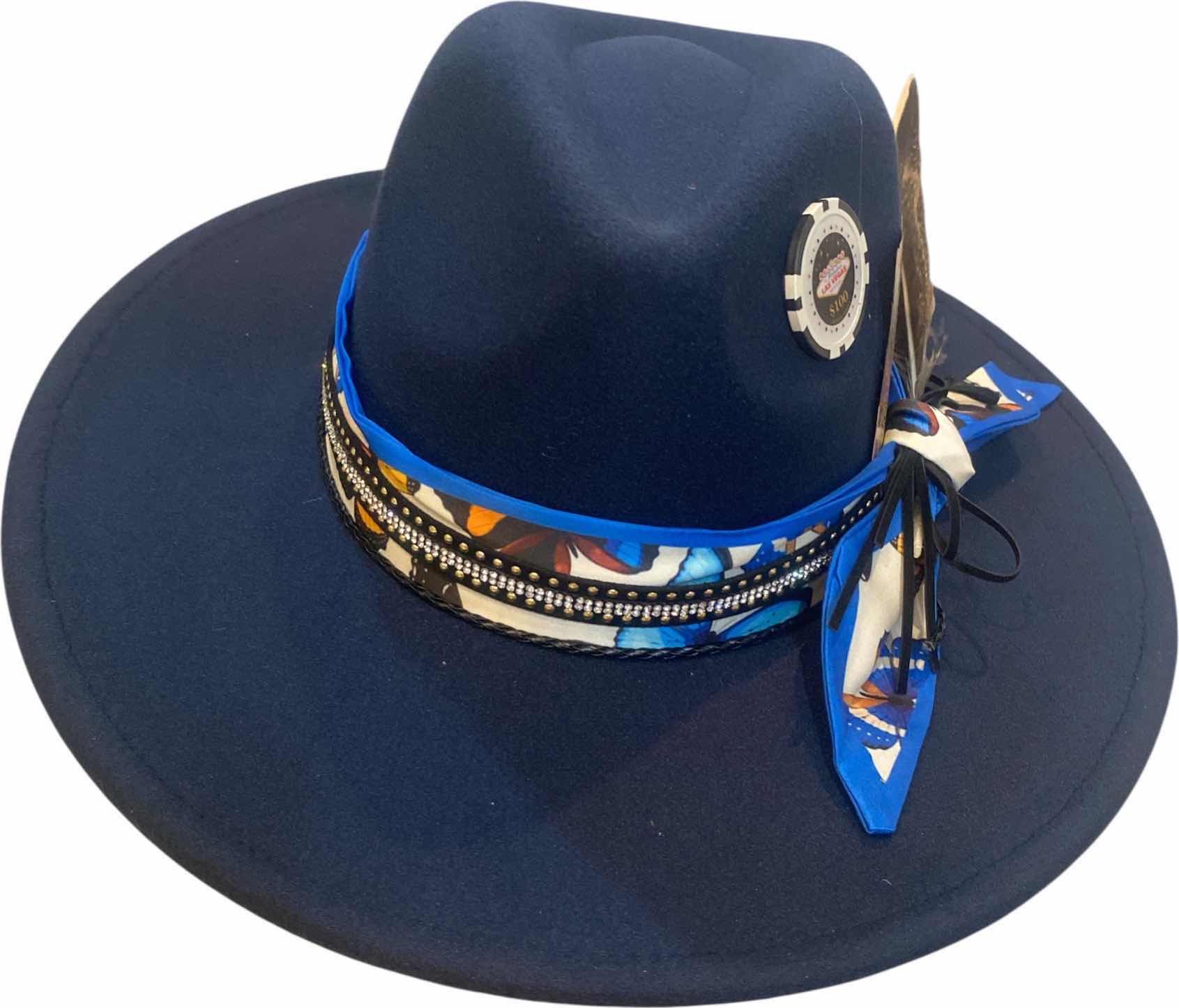 Photo 1 of NEW - CUSTOM DECORATED NAVY BLUE CASINO THEME FEDORA HAT WITH REMOVABLE CARD & FEATHER - ADJUSTABLE WITH INTERIOR RIBBON - TIE TO FIT