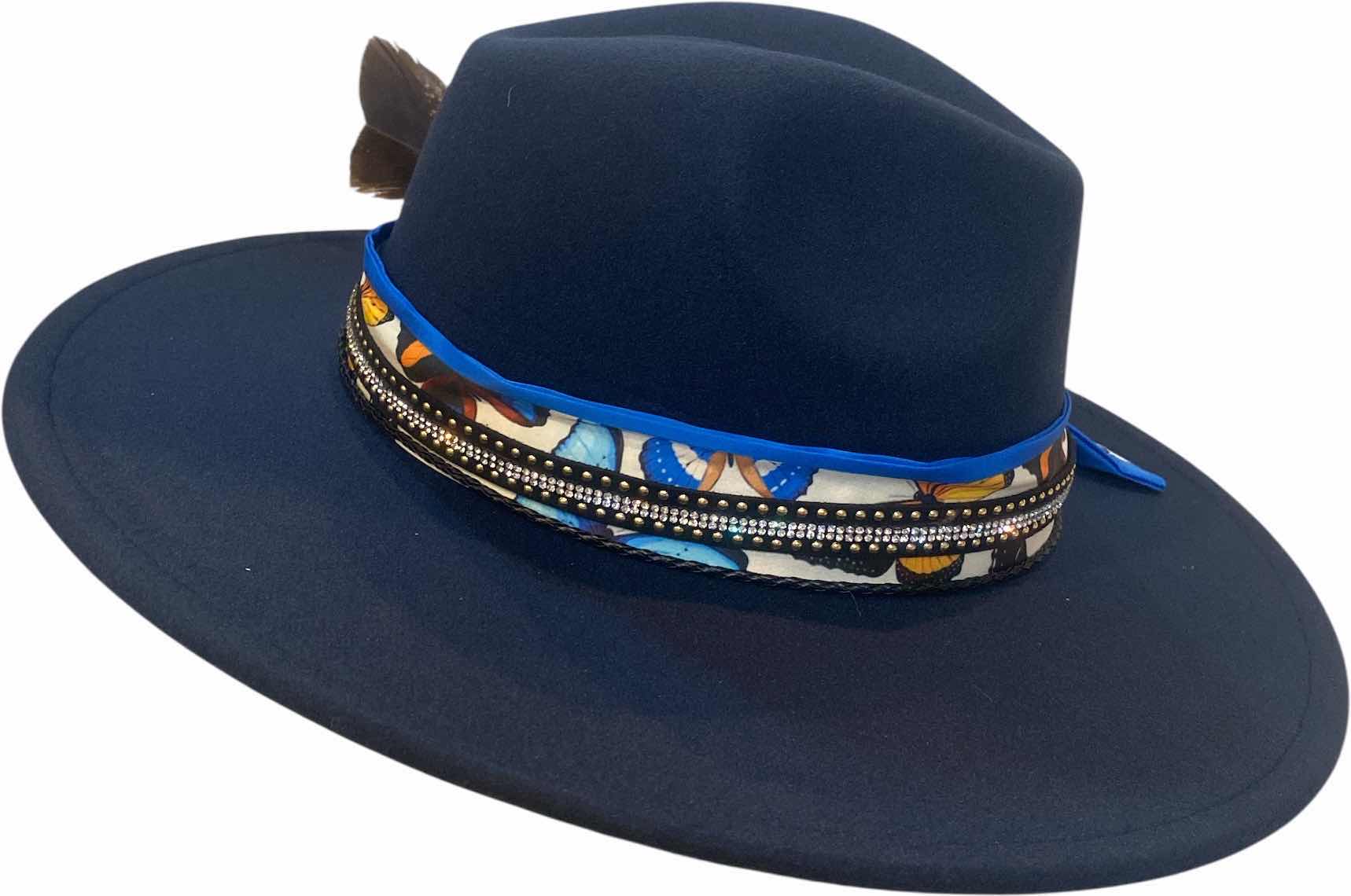 Photo 1 of NEW - CUSTOM DECORATED NAVY BLUE CASINO THEME FEDORA HAT WITH REMOVABLE CARD & FEATHER - ADJUSTABLE WITH INTERIOR RIBBON - TIE TO FIT