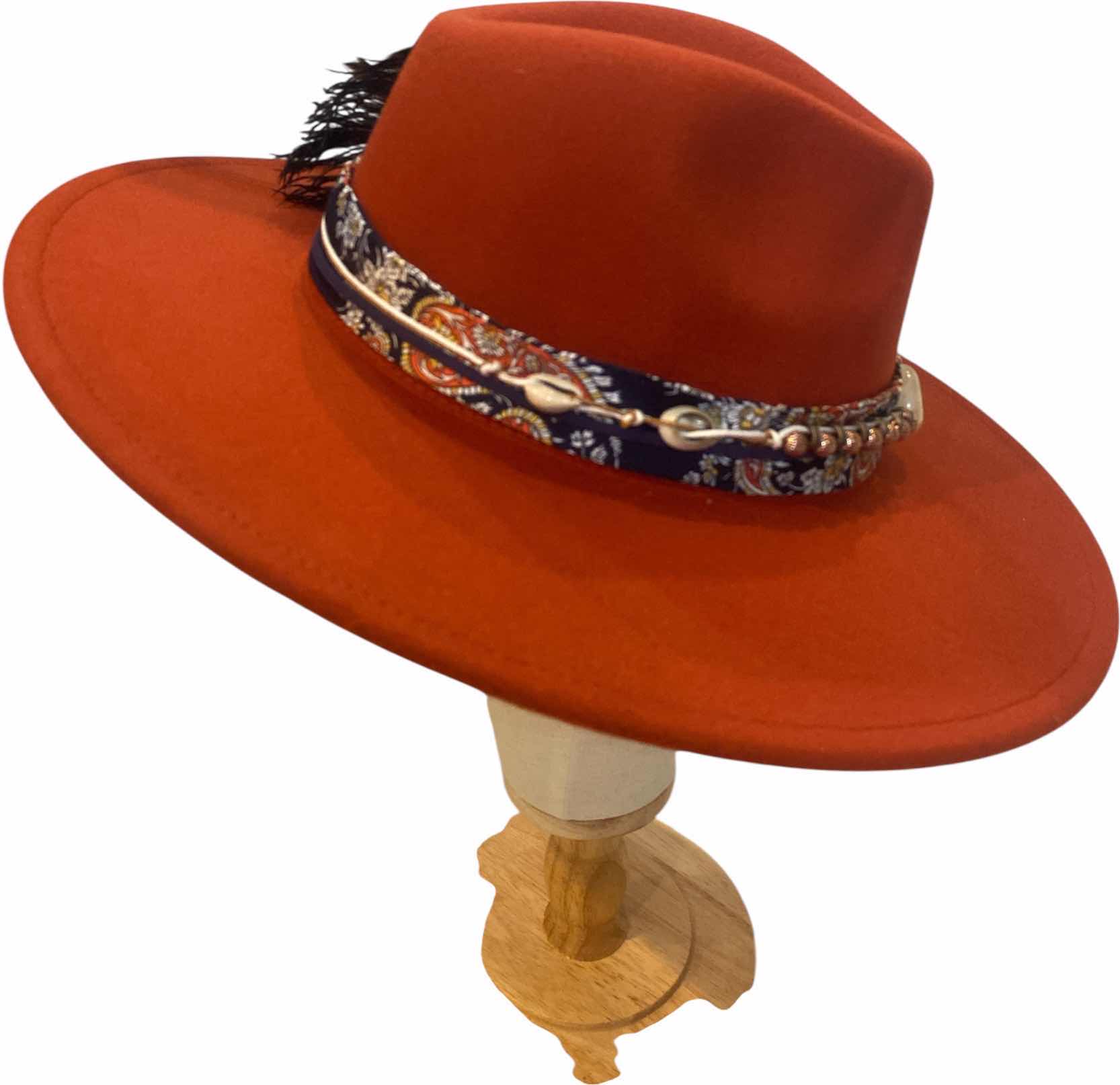 Photo 1 of NEW - CUSTOM DECORATED BURNT SIENNA CASINO THEME FEDORA HAT WITH REMOVABLE CARD & FEATHER - ADJUSTABLE WITH INTERIOR RIBBON - TIE TO FIT
