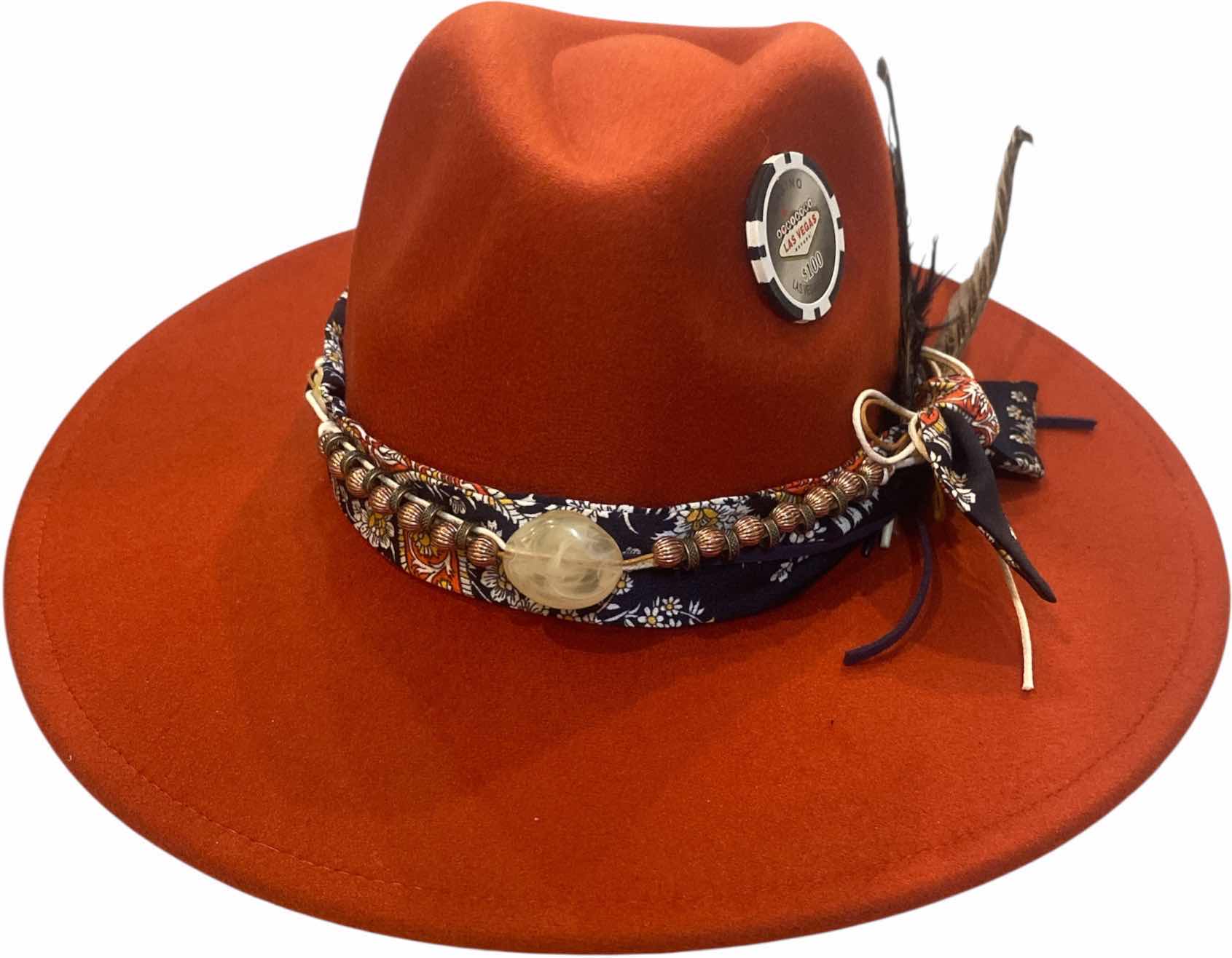 Photo 1 of NEW - CUSTOM DECORATED BURNT SIENNA CASINO THEME FEDORA HAT WITH REMOVABLE CARD & FEATHER - ADJUSTABLE WITH INTERIOR RIBBON - TIE TO FIT