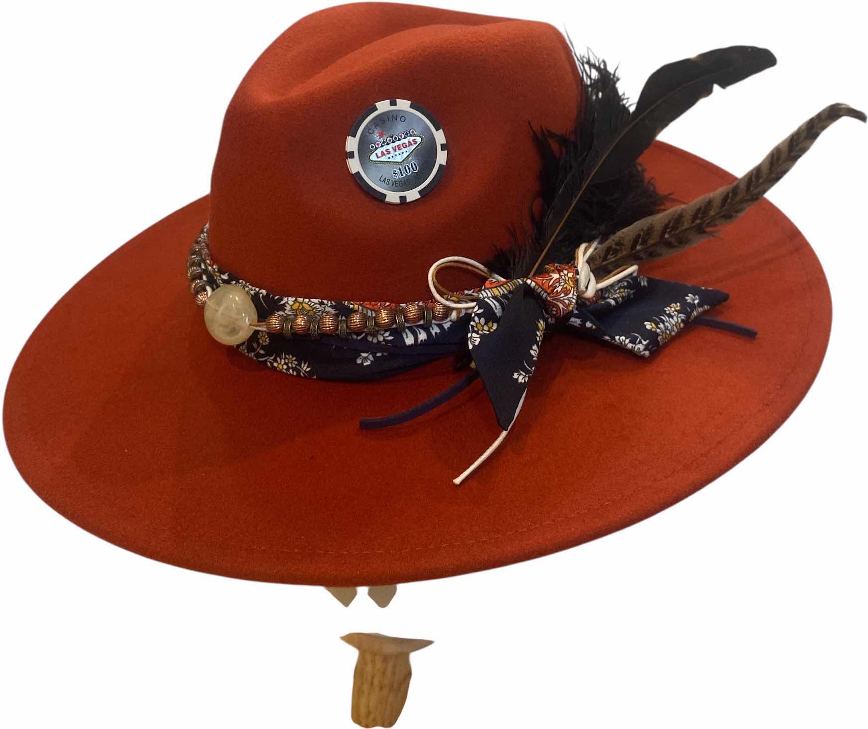 Photo 1 of NEW - CUSTOM DECORATED BURNT SIENNA CASINO THEME FEDORA HAT WITH REMOVABLE CARD & FEATHER - ADJUSTABLE WITH INTERIOR RIBBON - TIE TO FIT