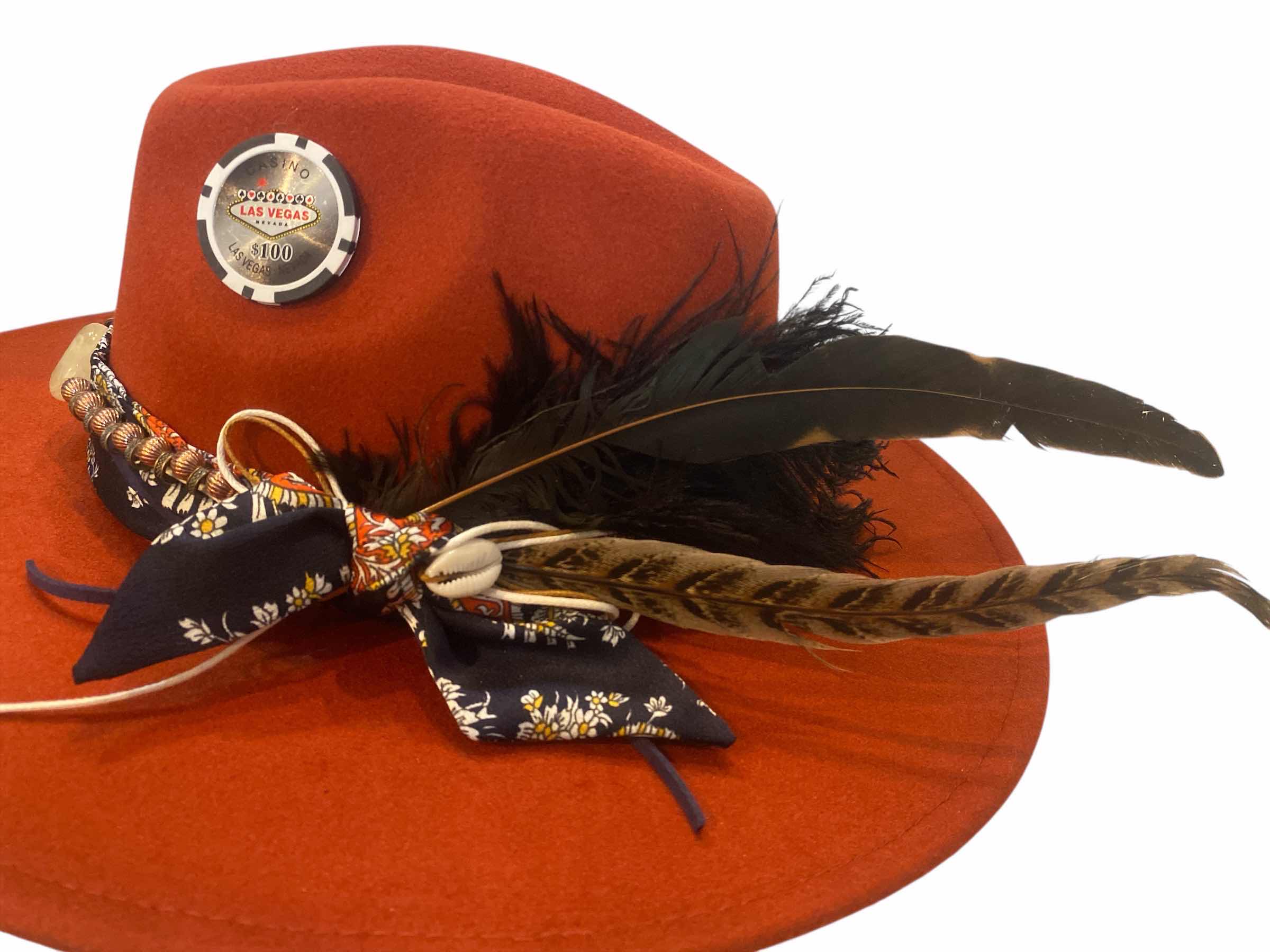 Photo 1 of NEW - CUSTOM DECORATED BURNT SIENNA CASINO THEME FEDORA HAT WITH REMOVABLE CARD & FEATHER - ADJUSTABLE WITH INTERIOR RIBBON - TIE TO FIT