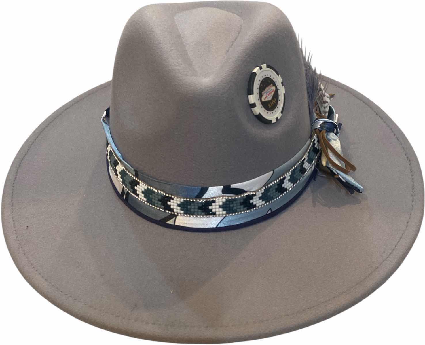 Photo 1 of NEW - CUSTOM DECORATED SOFT GRAY CASINO THEME FEDORA HAT WITH REMOVABLE FEATHERS - ADJUSTABLE WITH INTERIOR RIBBON - TIE TO FIT