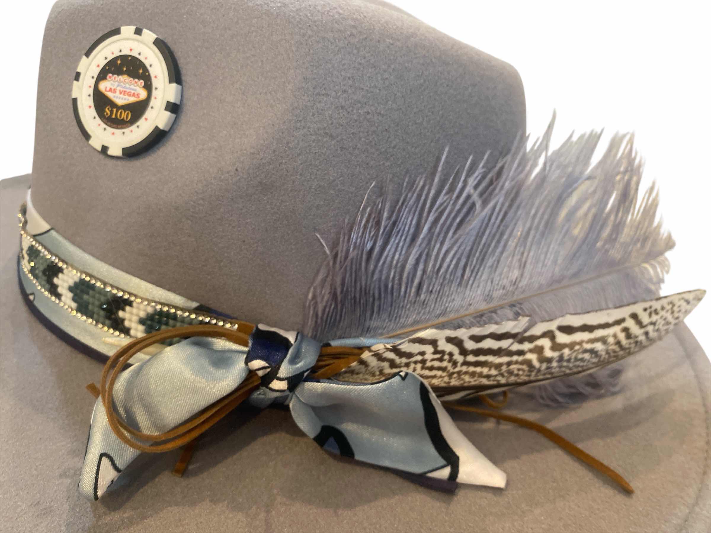 Photo 1 of NEW - CUSTOM DECORATED SOFT GRAY CASINO THEME FEDORA HAT WITH REMOVABLE FEATHERS - ADJUSTABLE WITH INTERIOR RIBBON - TIE TO FIT
