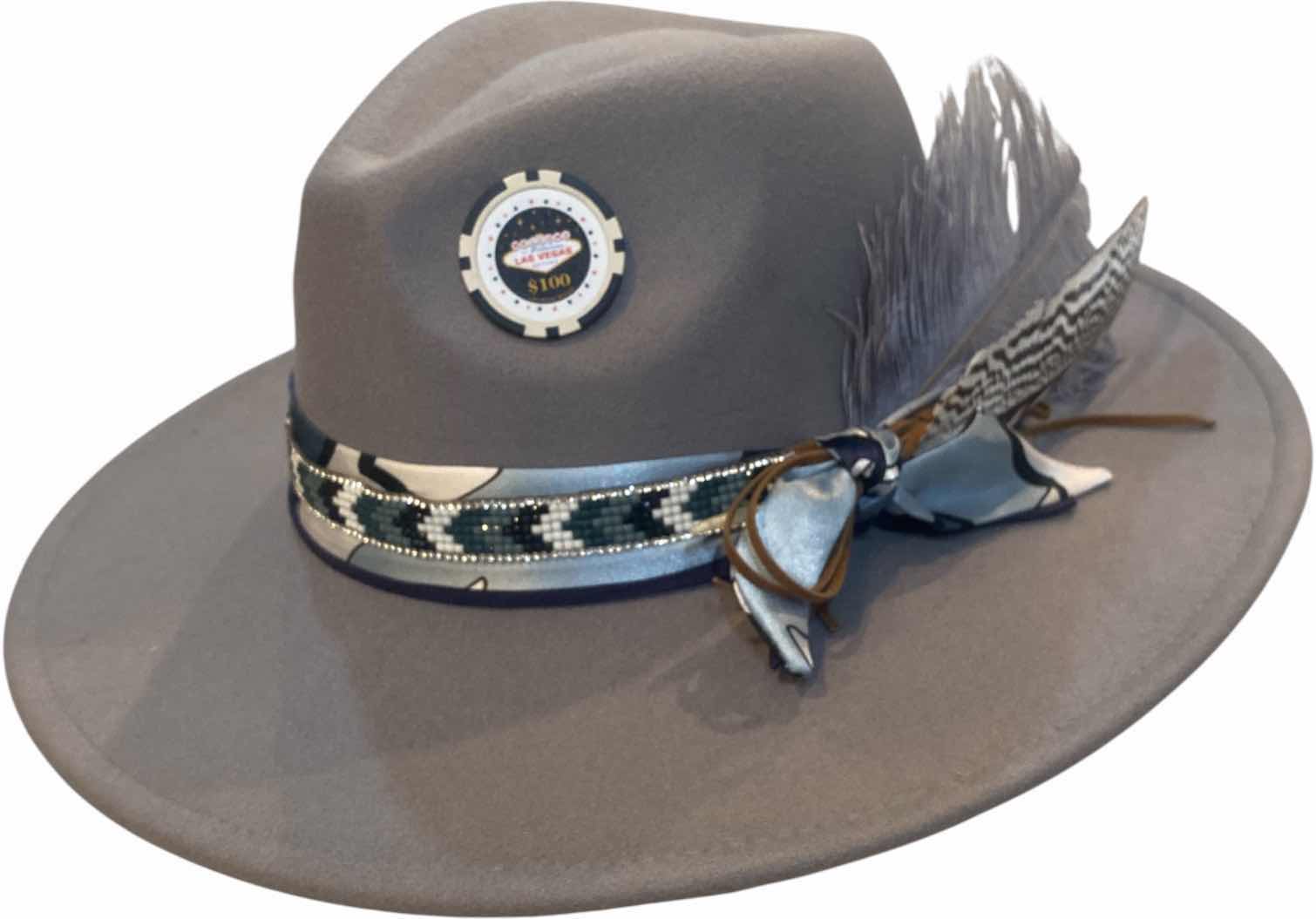 Photo 1 of NEW - CUSTOM DECORATED SOFT GRAY CASINO THEME FEDORA HAT WITH REMOVABLE FEATHERS - ADJUSTABLE WITH INTERIOR RIBBON - TIE TO FIT