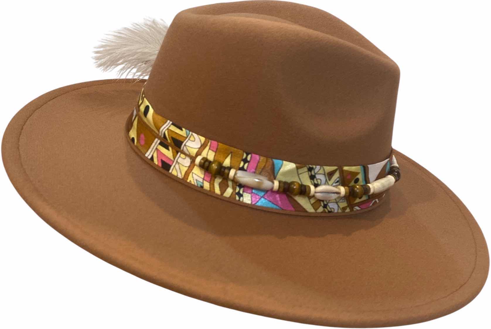 Photo 1 of NEW - CUSTOM DECORATED CARAMEL  CASINO THEME FEDORA HAT WITH REMOVABLE CARD & FEATHER - ADJUSTABLE WITH INTERIOR RIBBON - TIE TO FIT