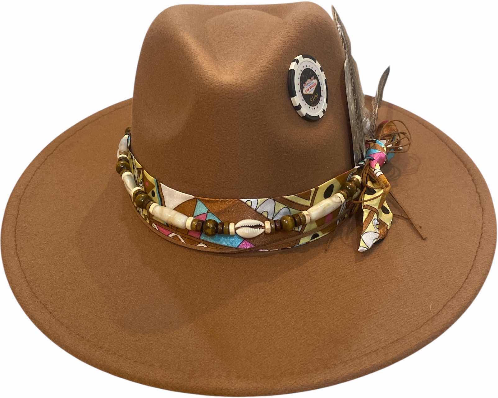 Photo 1 of NEW - CUSTOM DECORATED CARAMEL  CASINO THEME FEDORA HAT WITH REMOVABLE CARD & FEATHER - ADJUSTABLE WITH INTERIOR RIBBON - TIE TO FIT