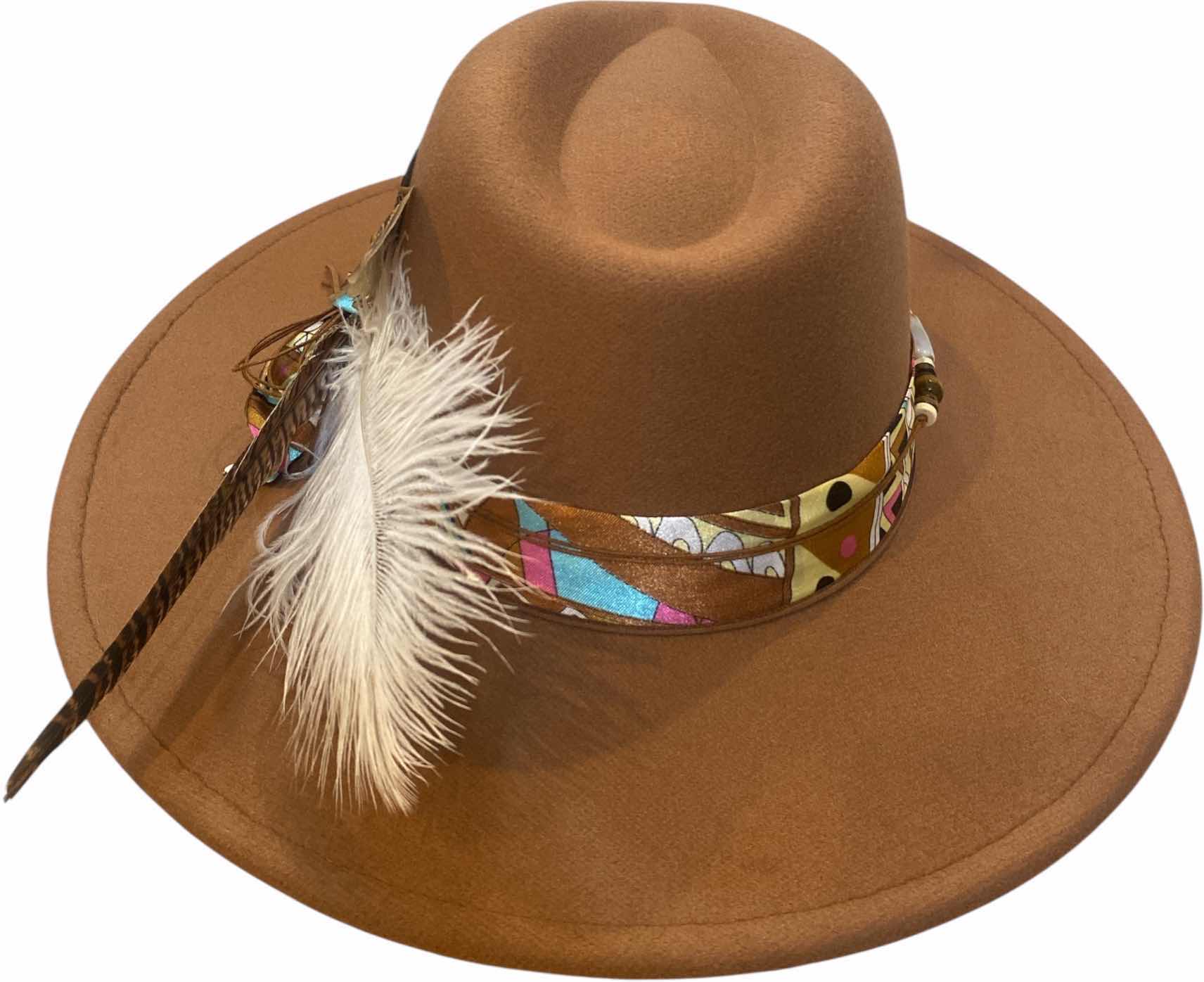 Photo 1 of NEW - CUSTOM DECORATED CARAMEL  CASINO THEME FEDORA HAT WITH REMOVABLE CARD & FEATHER - ADJUSTABLE WITH INTERIOR RIBBON - TIE TO FIT