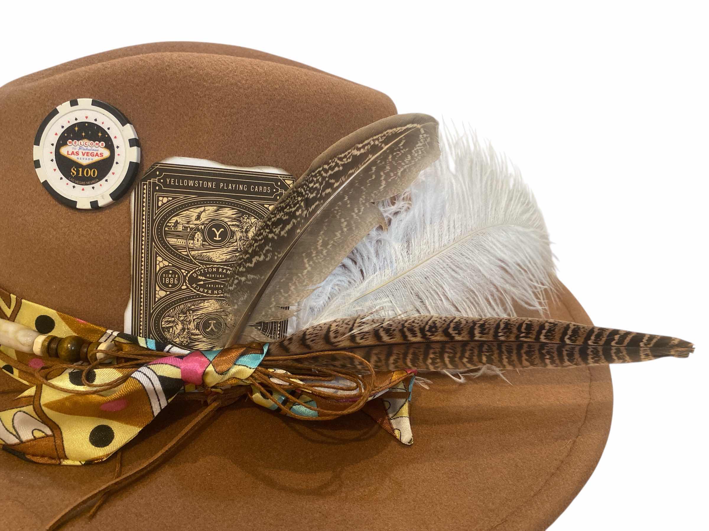 Photo 1 of NEW - CUSTOM DECORATED CARAMEL  CASINO THEME FEDORA HAT WITH REMOVABLE CARD & FEATHER - ADJUSTABLE WITH INTERIOR RIBBON - TIE TO FIT