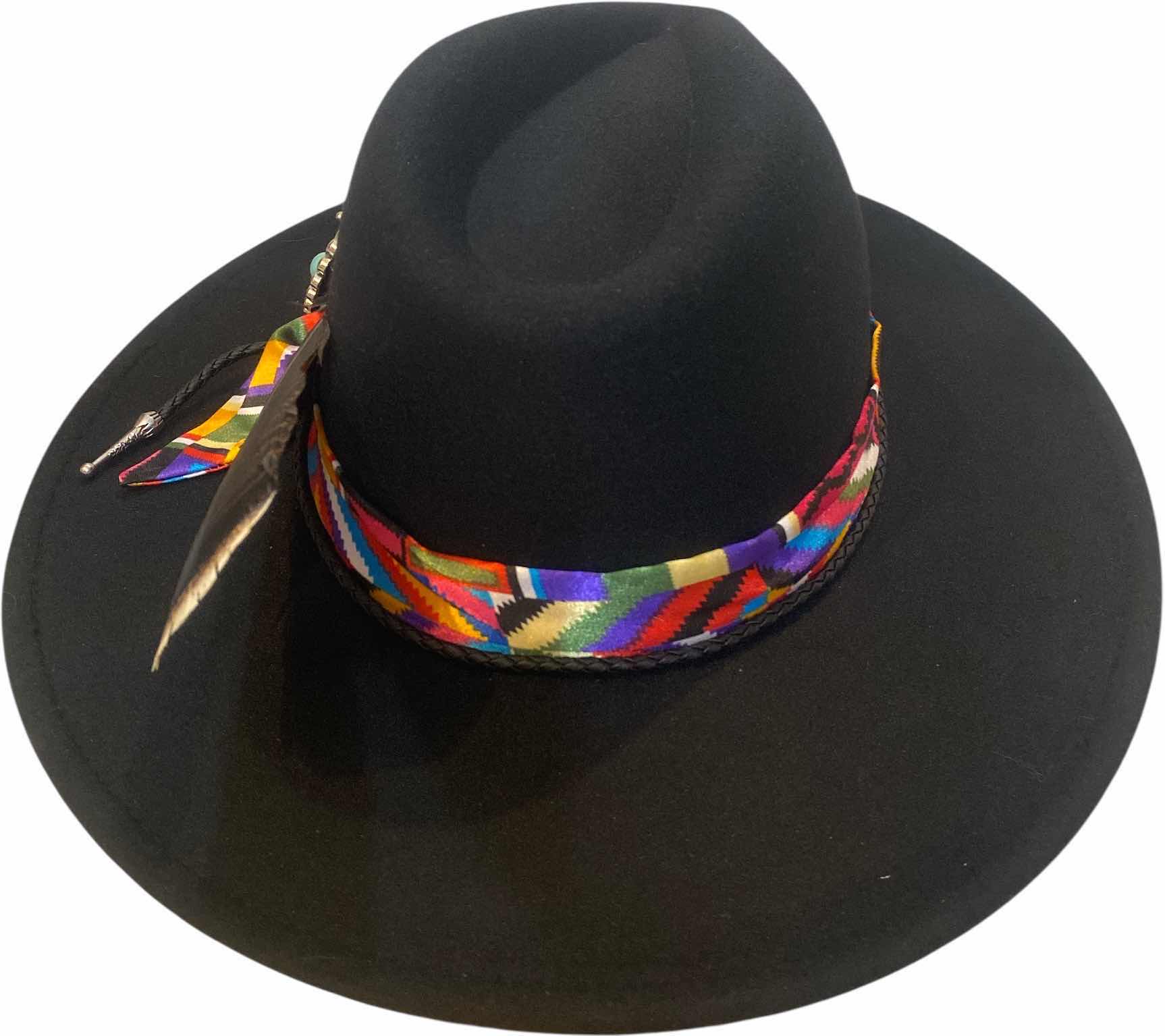 Photo 1 of NEW - CUSTOM DECORATED BLACK FEDORA HAT WITH FEATHER - ADJUSTABLE WITH INTERIOR RIBBON - TIE TO FIT