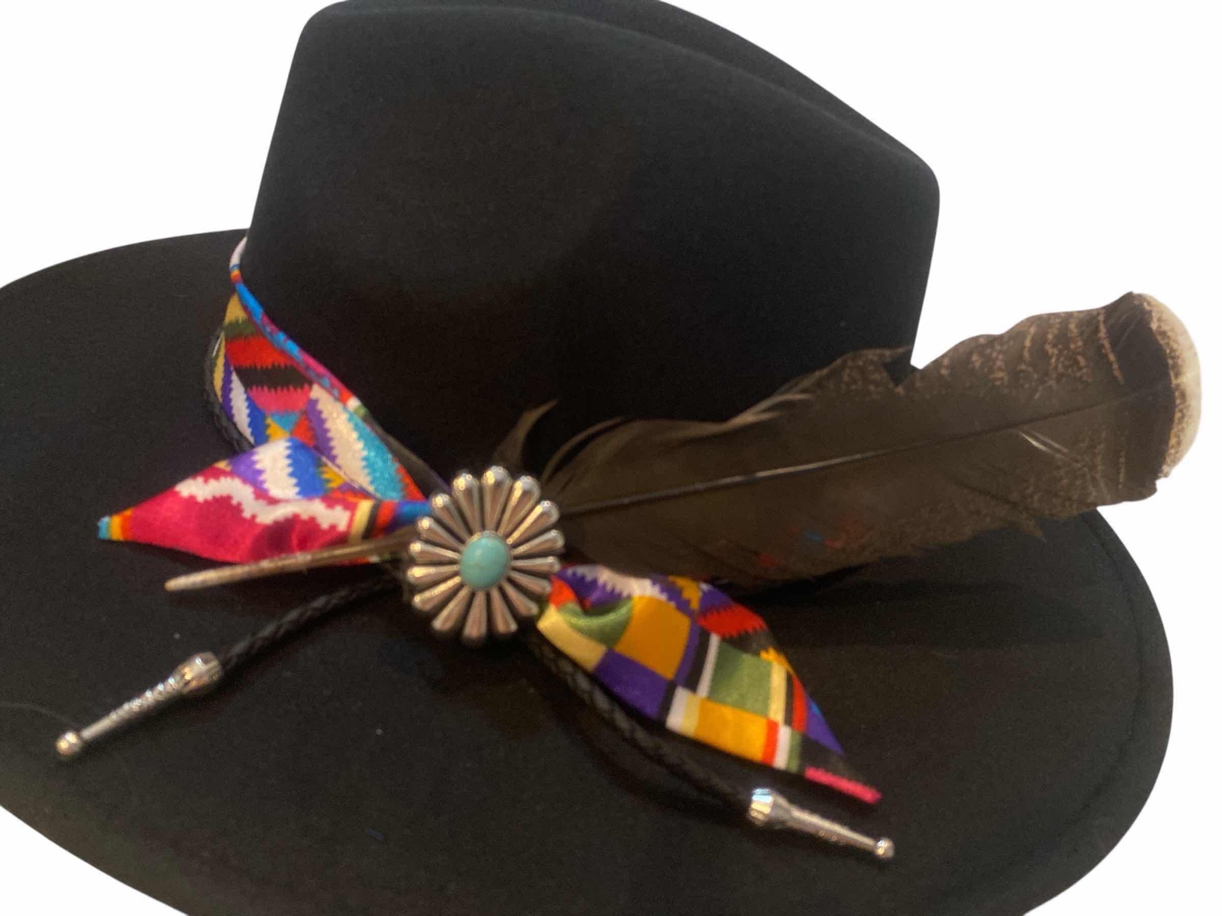 Photo 1 of NEW - CUSTOM DECORATED BLACK FEDORA HAT WITH FEATHER - ADJUSTABLE WITH INTERIOR RIBBON - TIE TO FIT