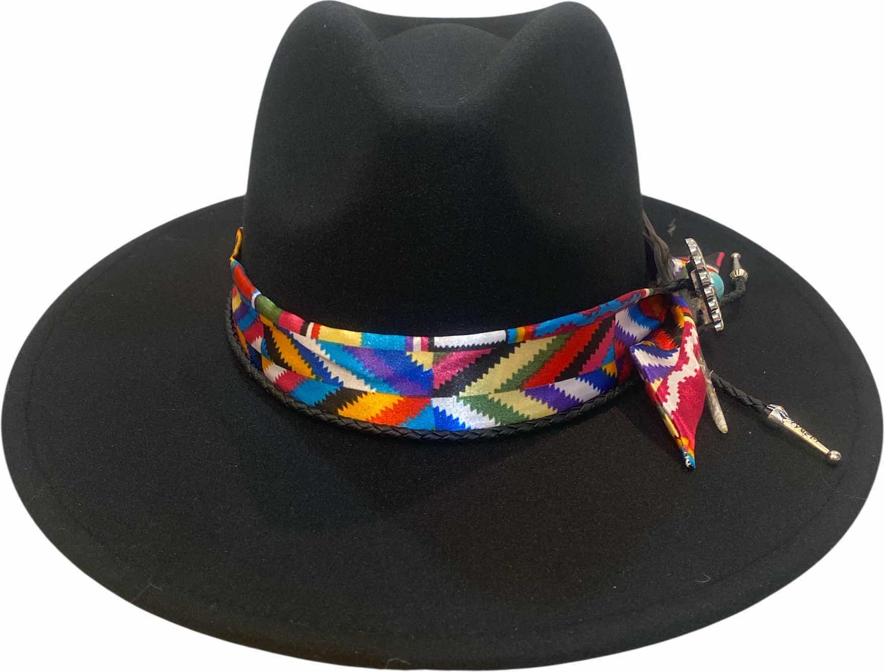 Photo 1 of NEW - CUSTOM DECORATED BLACK FEDORA HAT WITH FEATHER - ADJUSTABLE WITH INTERIOR RIBBON - TIE TO FIT