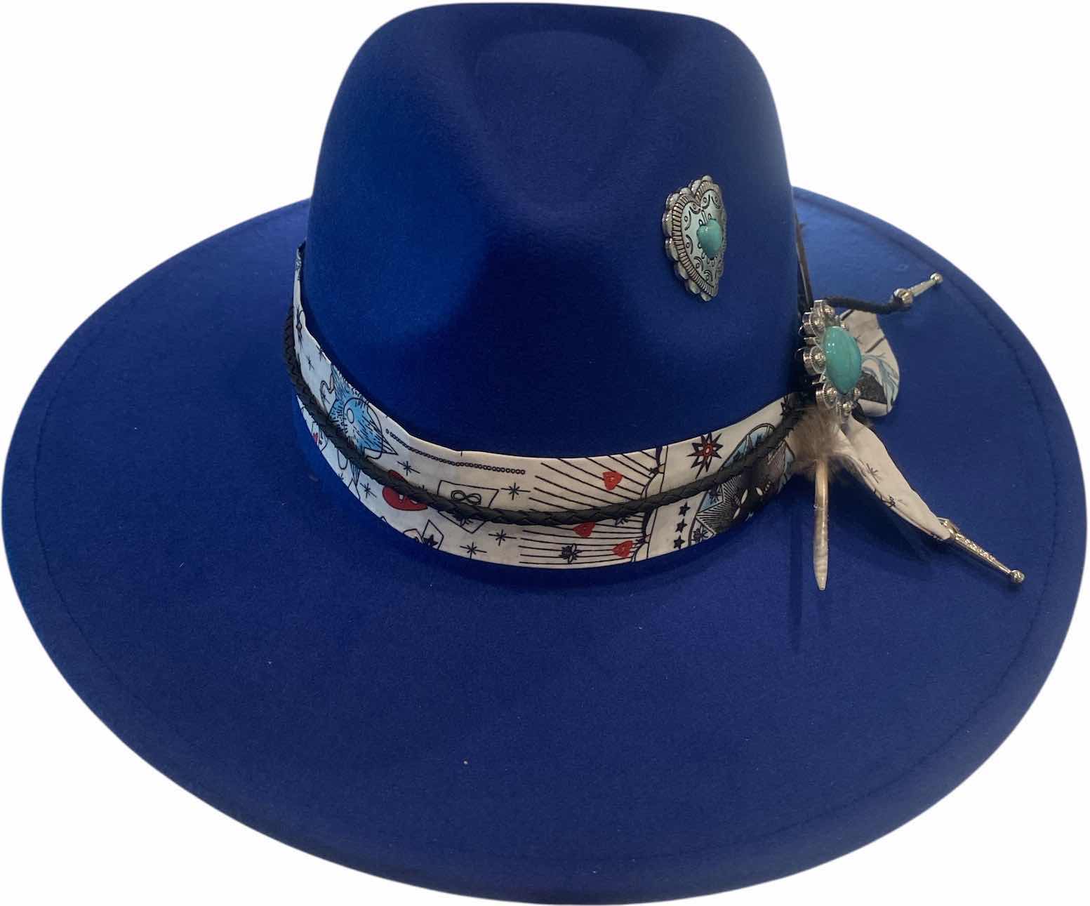 Photo 1 of NEW - CUSTOM DECORATED SAPPHIRE BLUE FEDORA HAT WITH FEATHER & EMBELISHMENTS - ADJUSTABLE WITH INTERIOR RIBBON - TIE TO FIT