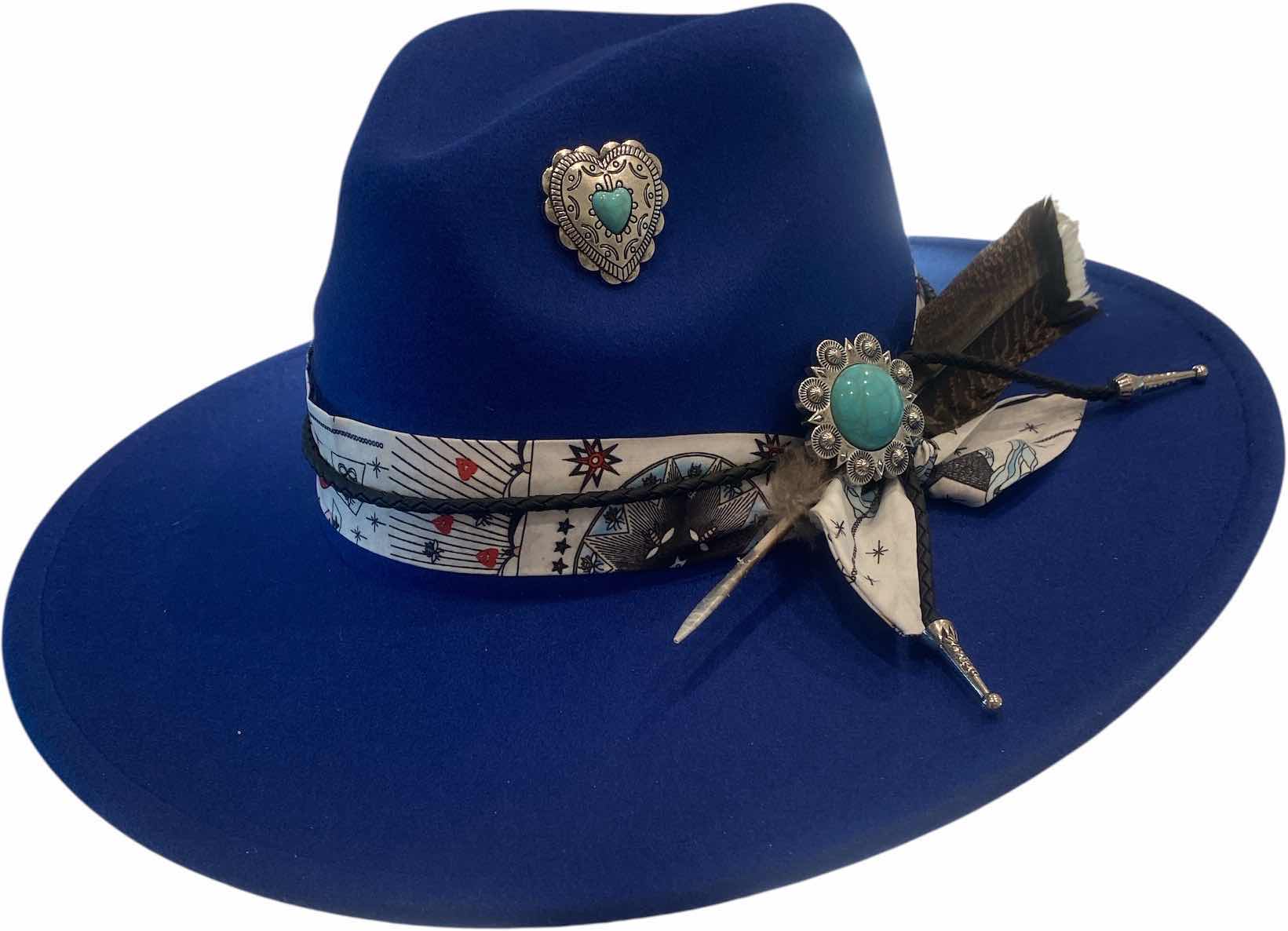 Photo 1 of NEW - CUSTOM DECORATED SAPPHIRE BLUE FEDORA HAT WITH FEATHER & EMBELISHMENTS - ADJUSTABLE WITH INTERIOR RIBBON - TIE TO FIT