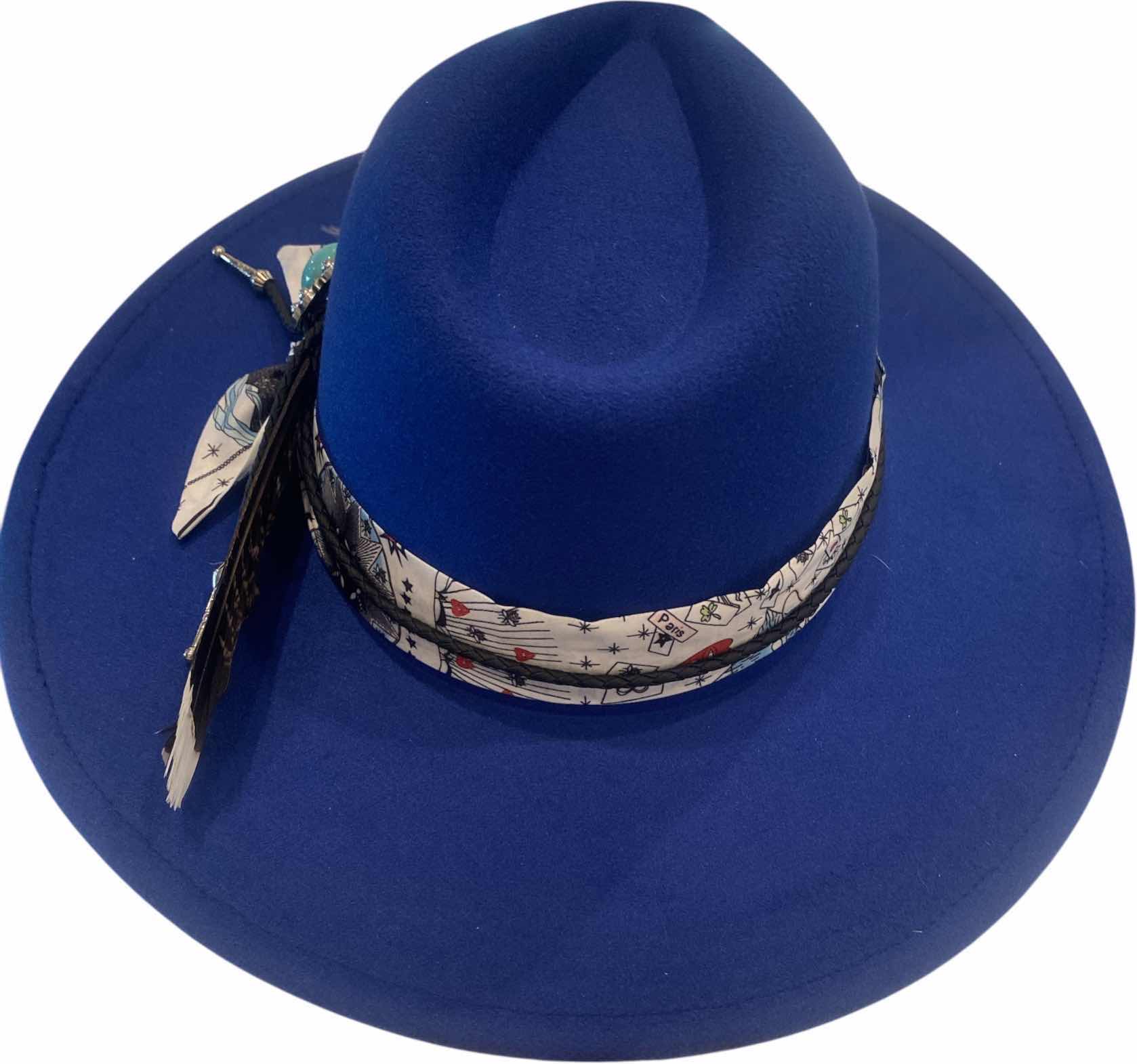 Photo 1 of NEW - CUSTOM DECORATED SAPPHIRE BLUE FEDORA HAT WITH FEATHER & EMBELISHMENTS - ADJUSTABLE WITH INTERIOR RIBBON - TIE TO FIT