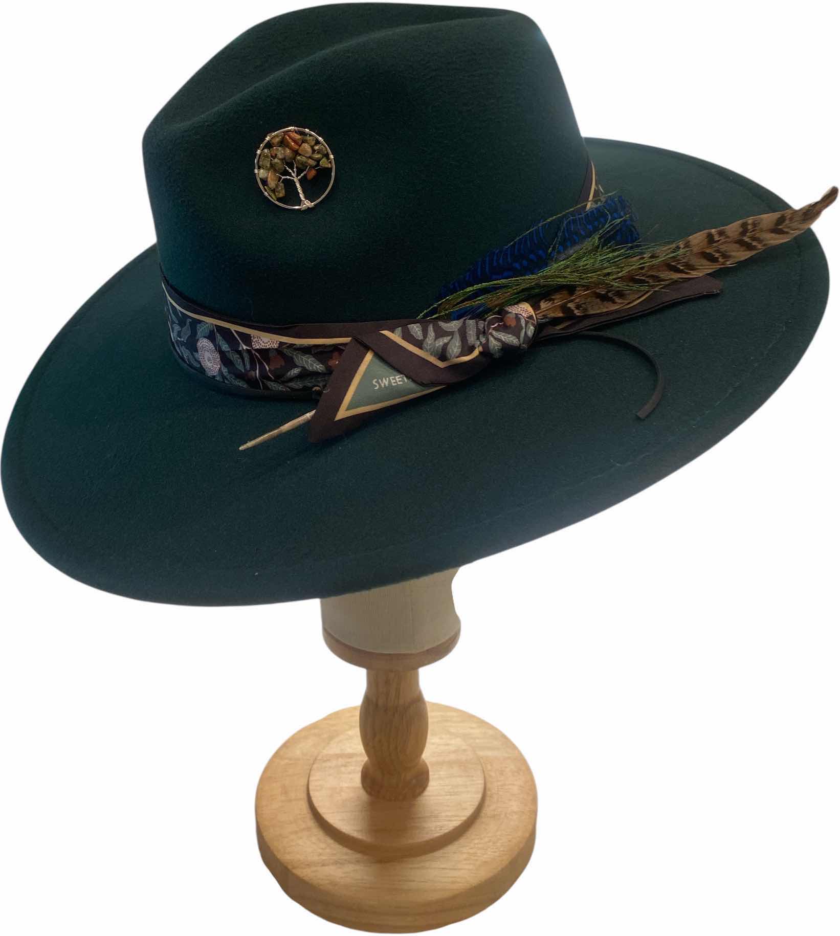 Photo 1 of NEW - CUSTOM DECORATED FOREST GREEN FEDORA HAT WITH FEATHER & EMBELISHMENTS - ADJUSTABLE WITH INTERIOR RIBBON - TIE TO FIT
