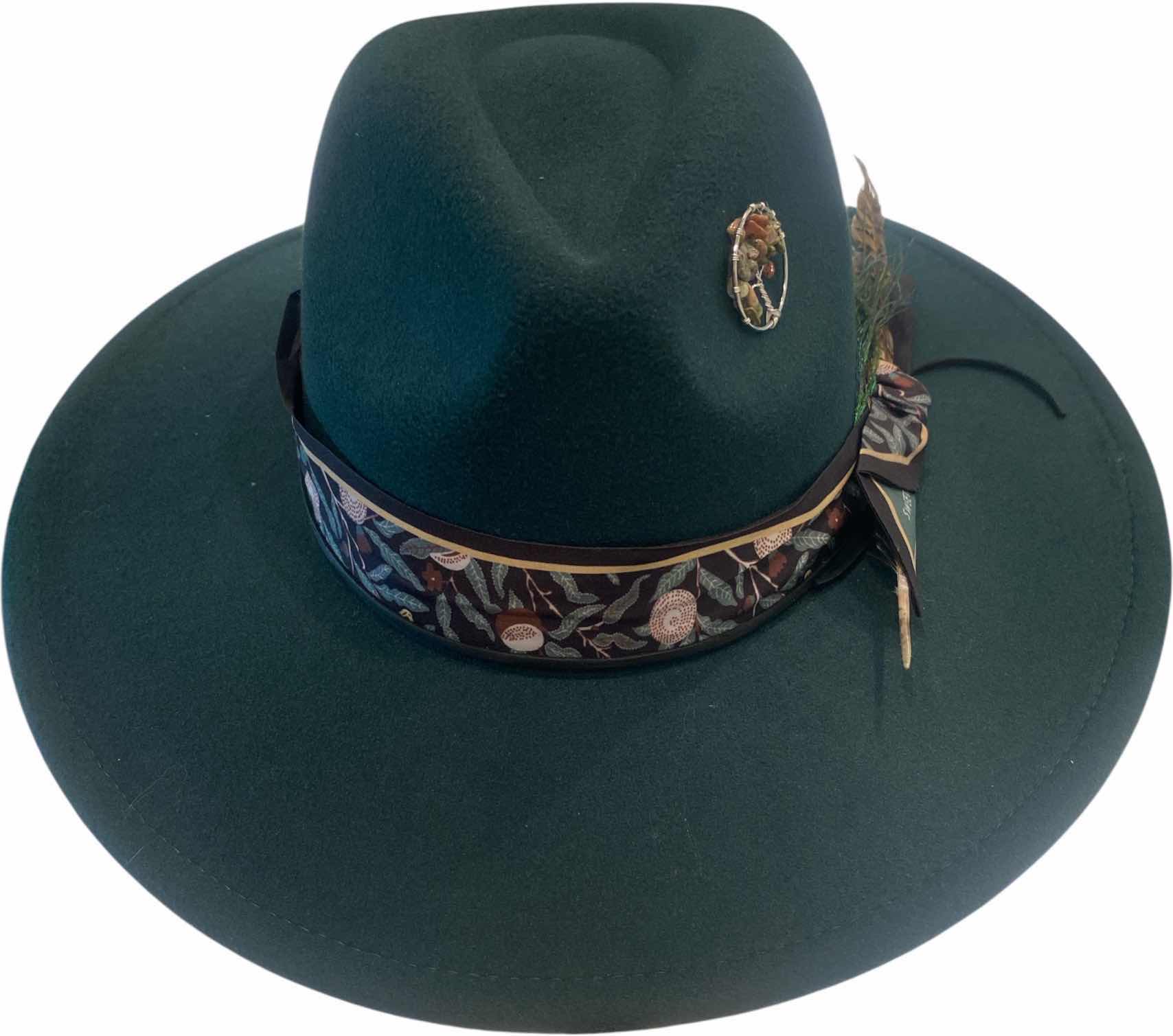 Photo 1 of NEW - CUSTOM DECORATED FOREST GREEN FEDORA HAT WITH FEATHER & EMBELISHMENTS - ADJUSTABLE WITH INTERIOR RIBBON - TIE TO FIT