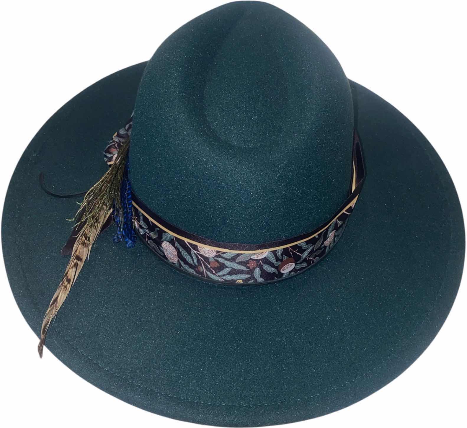 Photo 1 of NEW - CUSTOM DECORATED FOREST GREEN FEDORA HAT WITH FEATHER & EMBELISHMENTS - ADJUSTABLE WITH INTERIOR RIBBON - TIE TO FIT